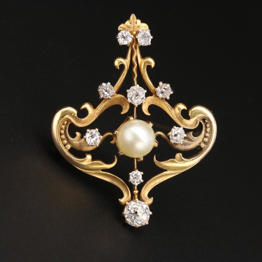 Art Nouveau 14K Yellow Gold Cultured Pearl and 1.08 CTW Diamond Brooch