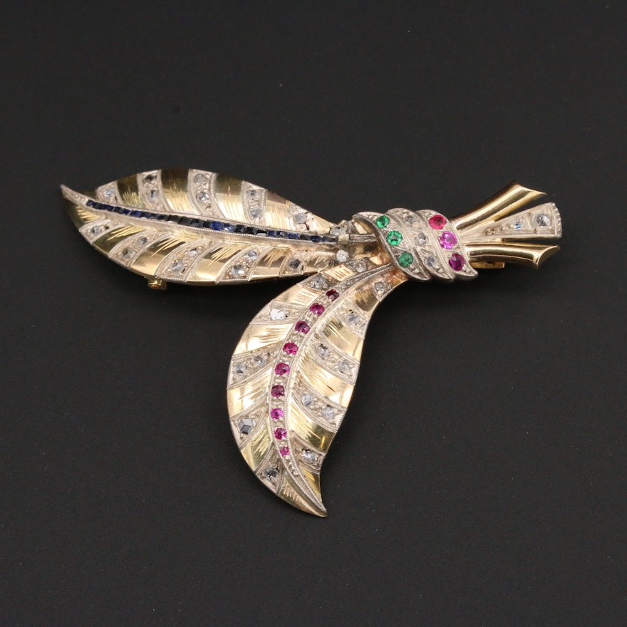 18K Yellow Gold Diamond and Gemstone Leaf Brooch With Sterling Silver Accents