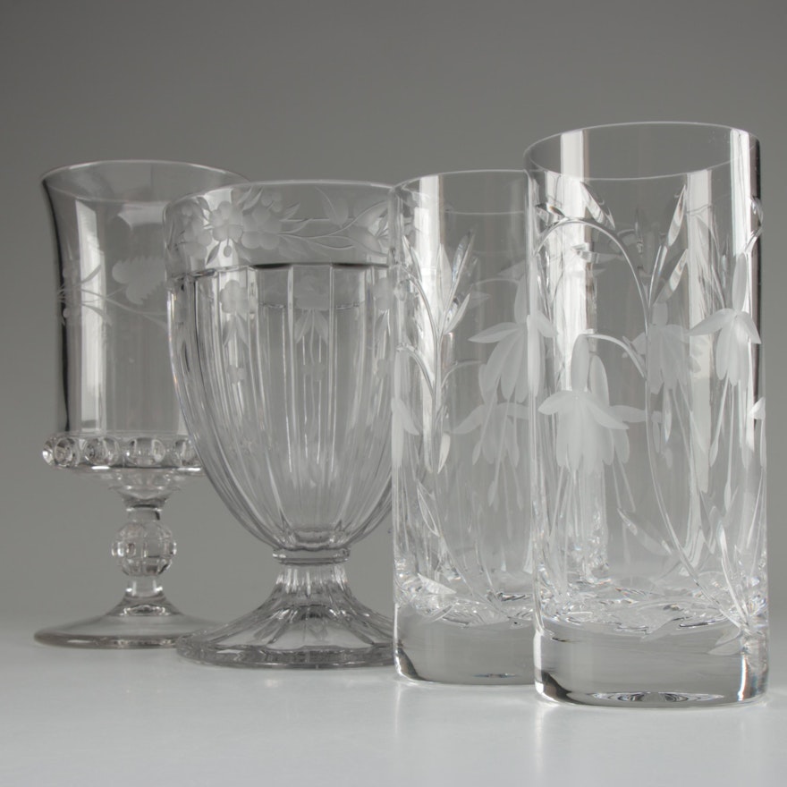 Etched Glass Floral Vases and Crystal Tumblers