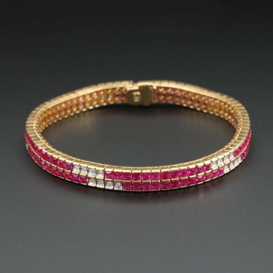 Bellarri 18K Yellow Gold Ruby and Diamond Double Row Line Bracelet