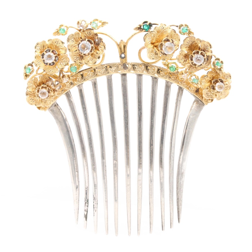 Victorian 18K Yellow Gold and Sterling Diamond, Emerald and Glass Hair Comb