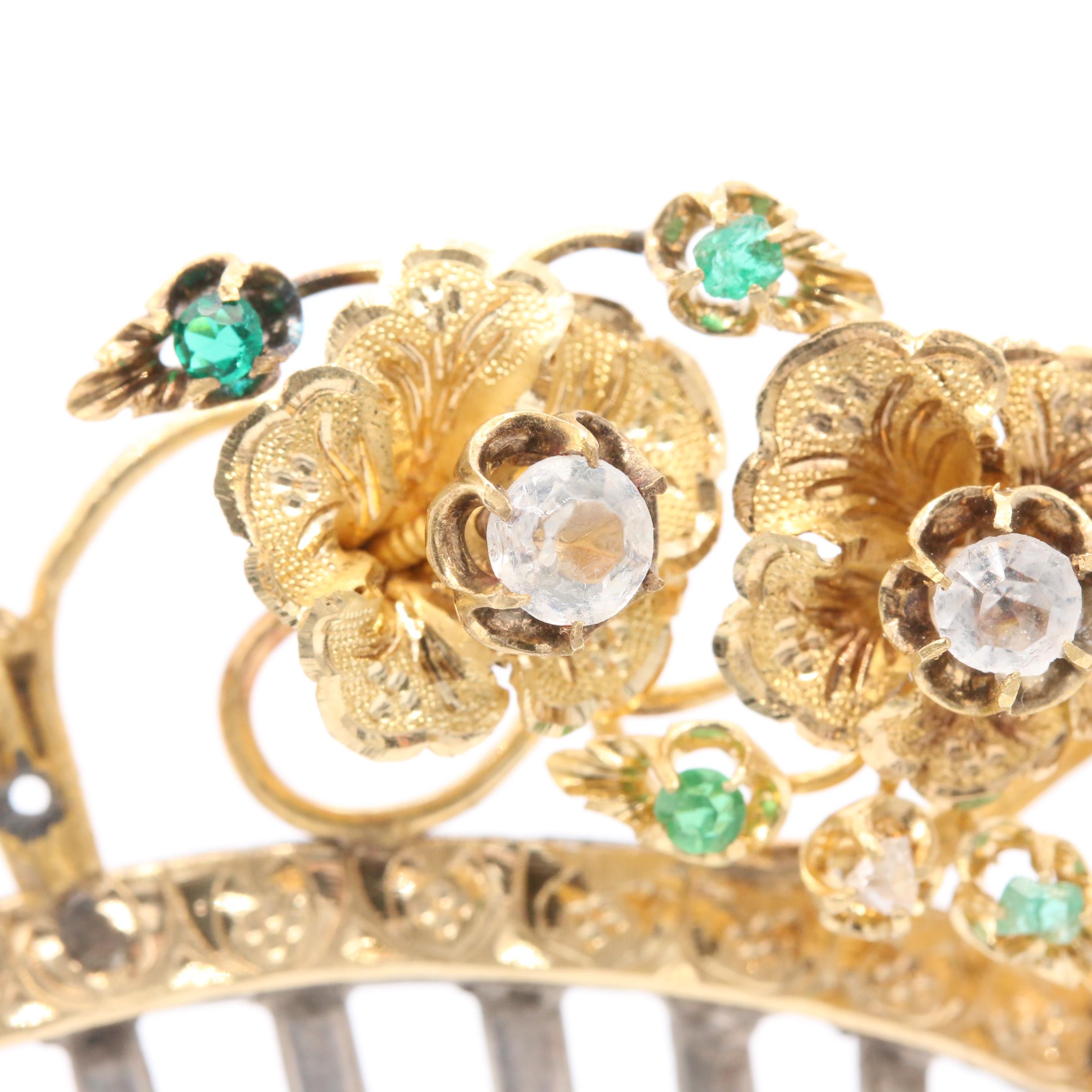 Victorian 18K Yellow Gold and Sterling Diamond, Emerald and Glass Hair Comb