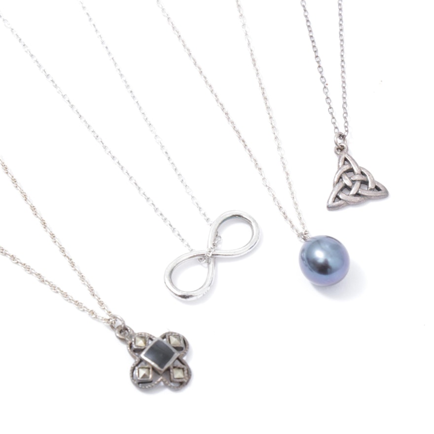 Sterling Silver Pendant Necklaces Including Cultured Freshwater Pearl, Marcasite