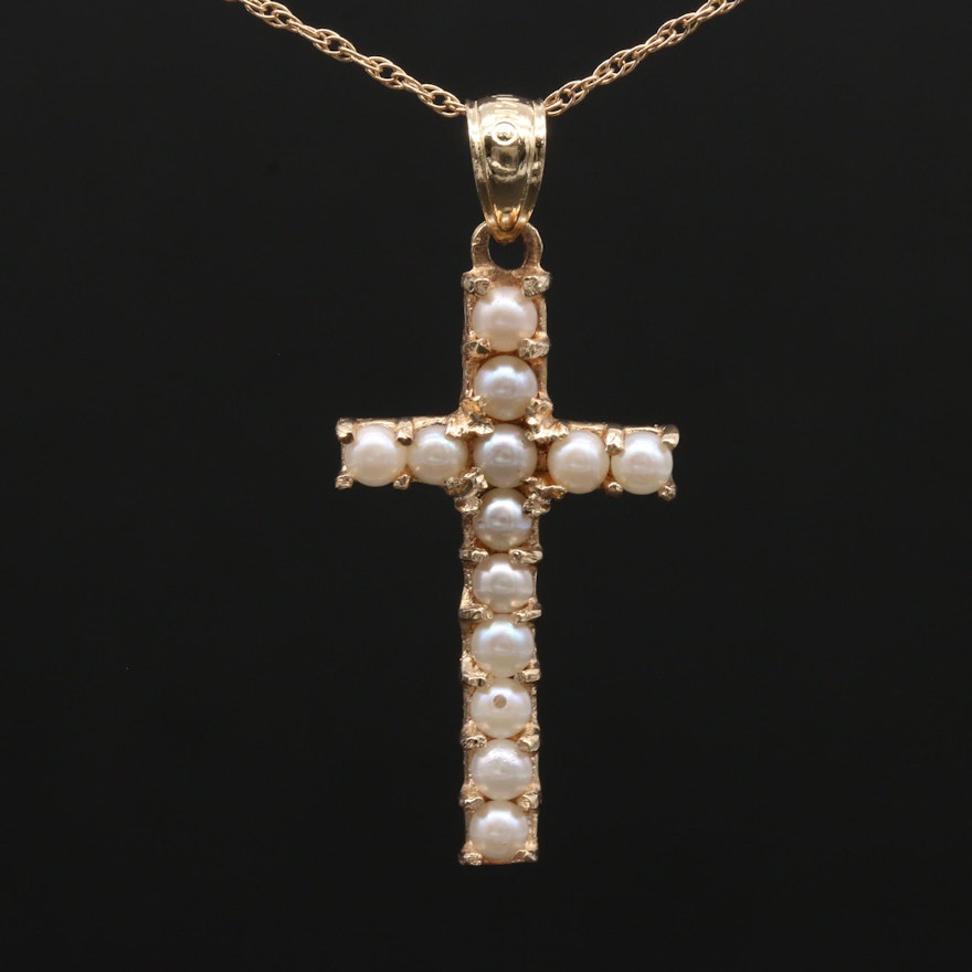 14K Yellow Gold Cultured Pearl Cross Pendant Necklace