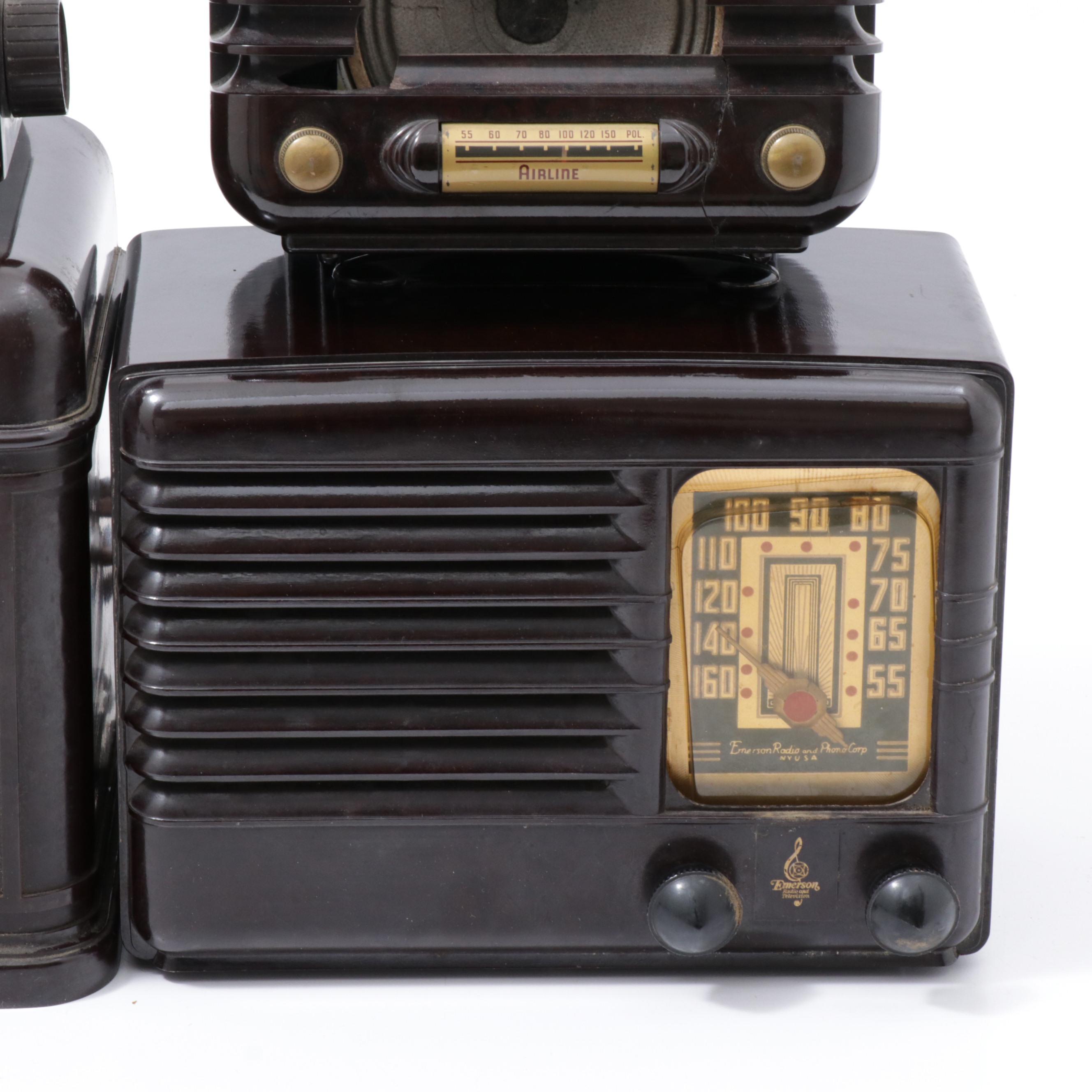 Emerson, RCA Victor, Airline and Kingston Bakelite Tube Radios, Mid-Century