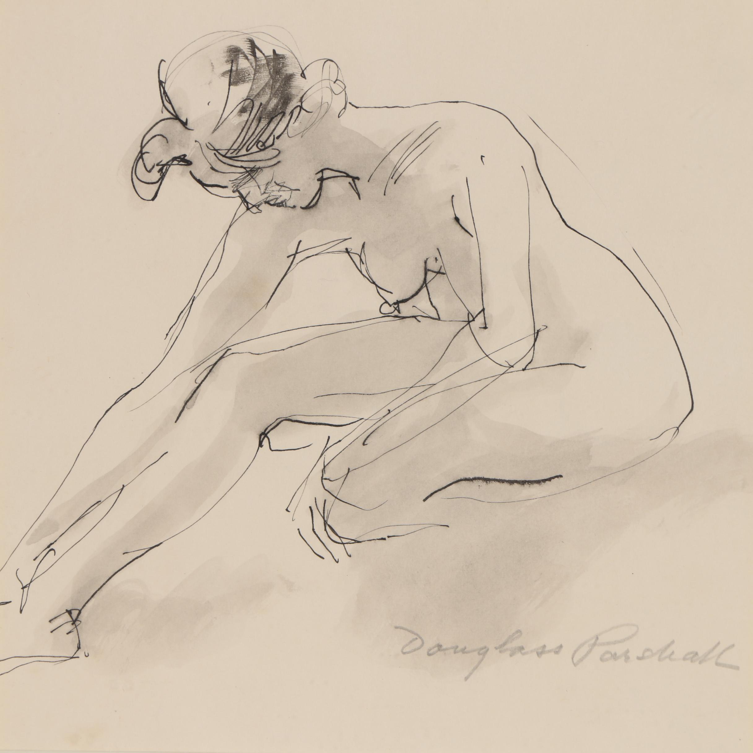 Douglass Parshall Ink Drawing "Nude Reaching Over #2"