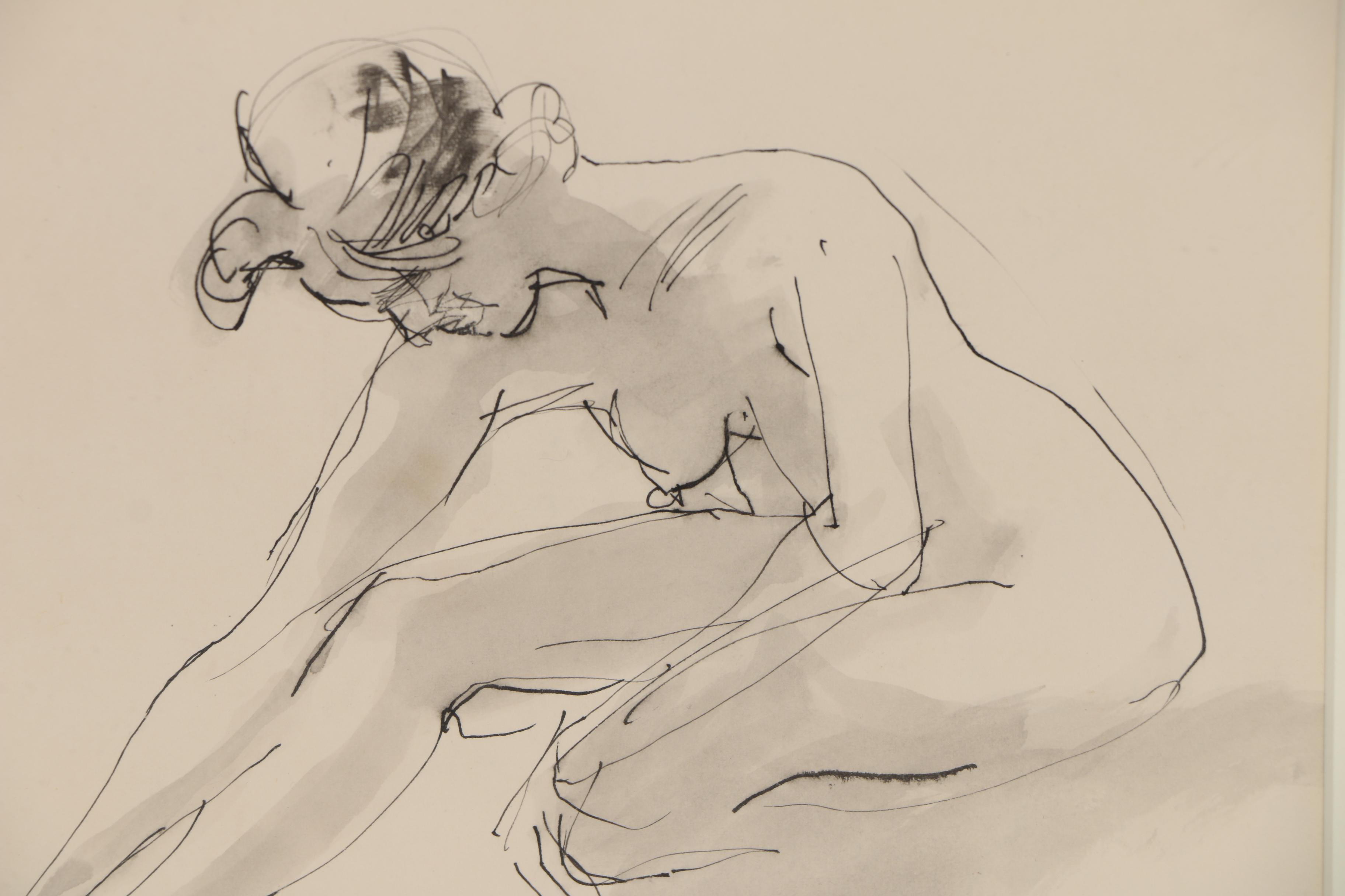 Douglass Parshall Ink Drawing "Nude Reaching Over #2"
