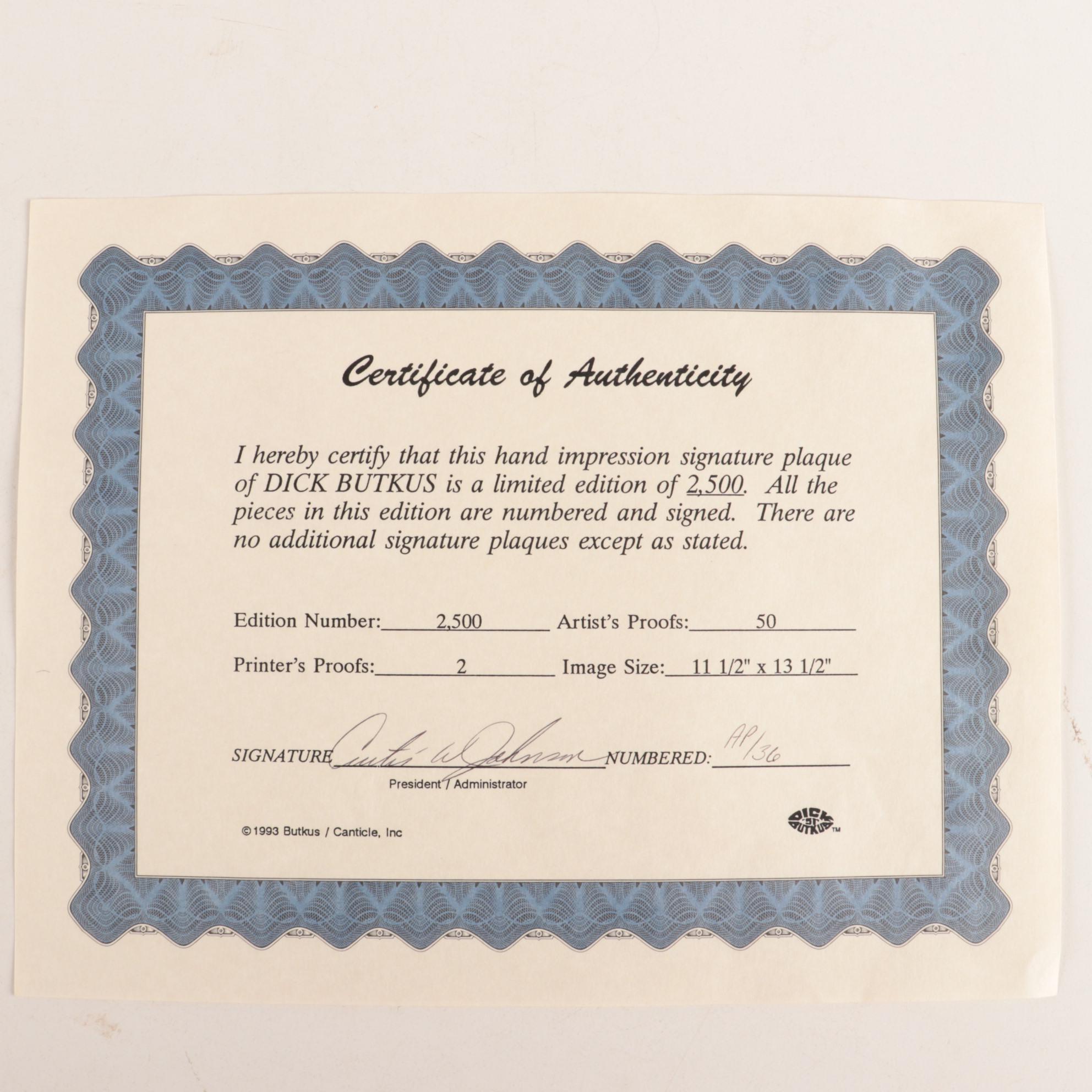 Dick Butkus(HOF) Signed Hand Impression Display, Artist Proof PSA/COA