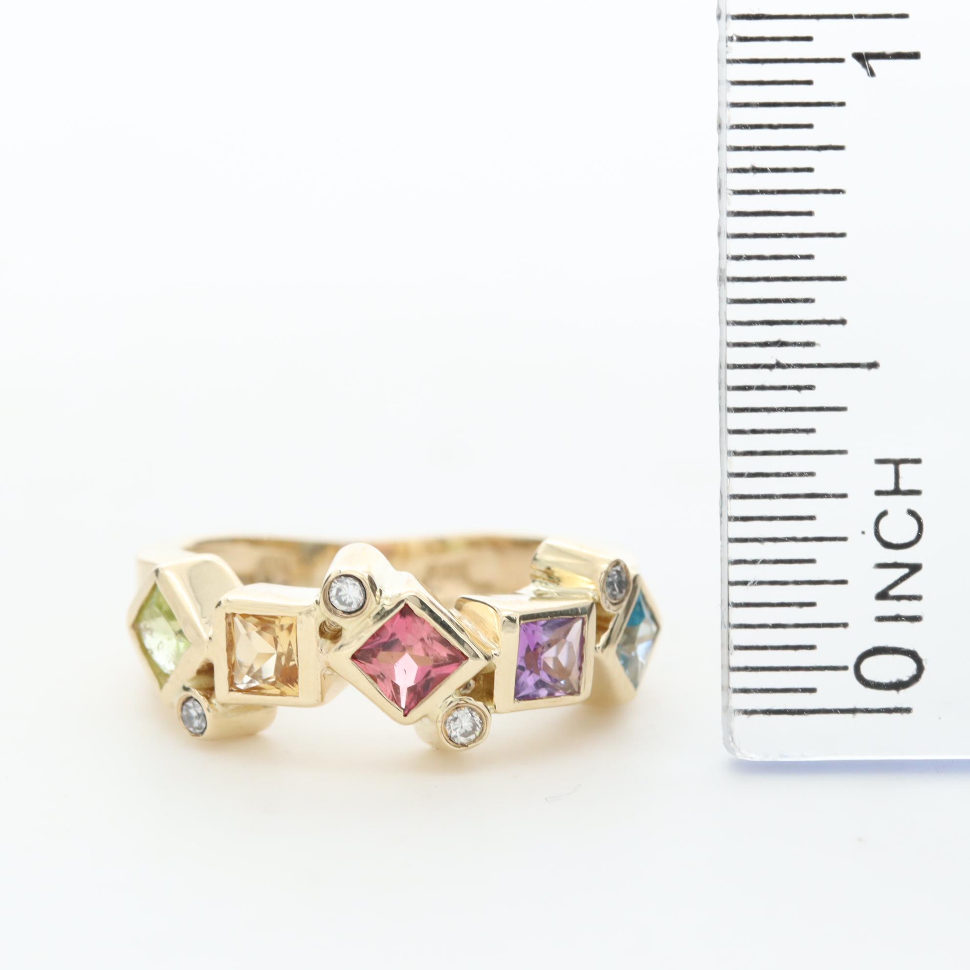 14K Gold Pink Tourmaline, Amethyst, Peridot, Citrine, Topaz and Diamond Ring