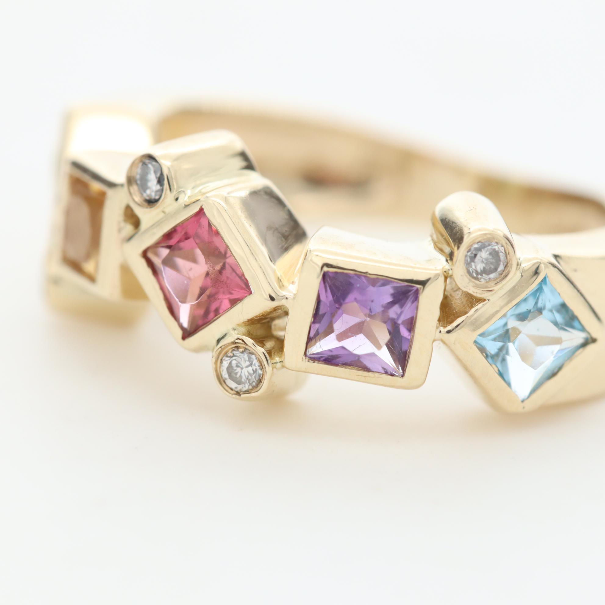 14K Gold Pink Tourmaline, Amethyst, Peridot, Citrine, Topaz and Diamond Ring