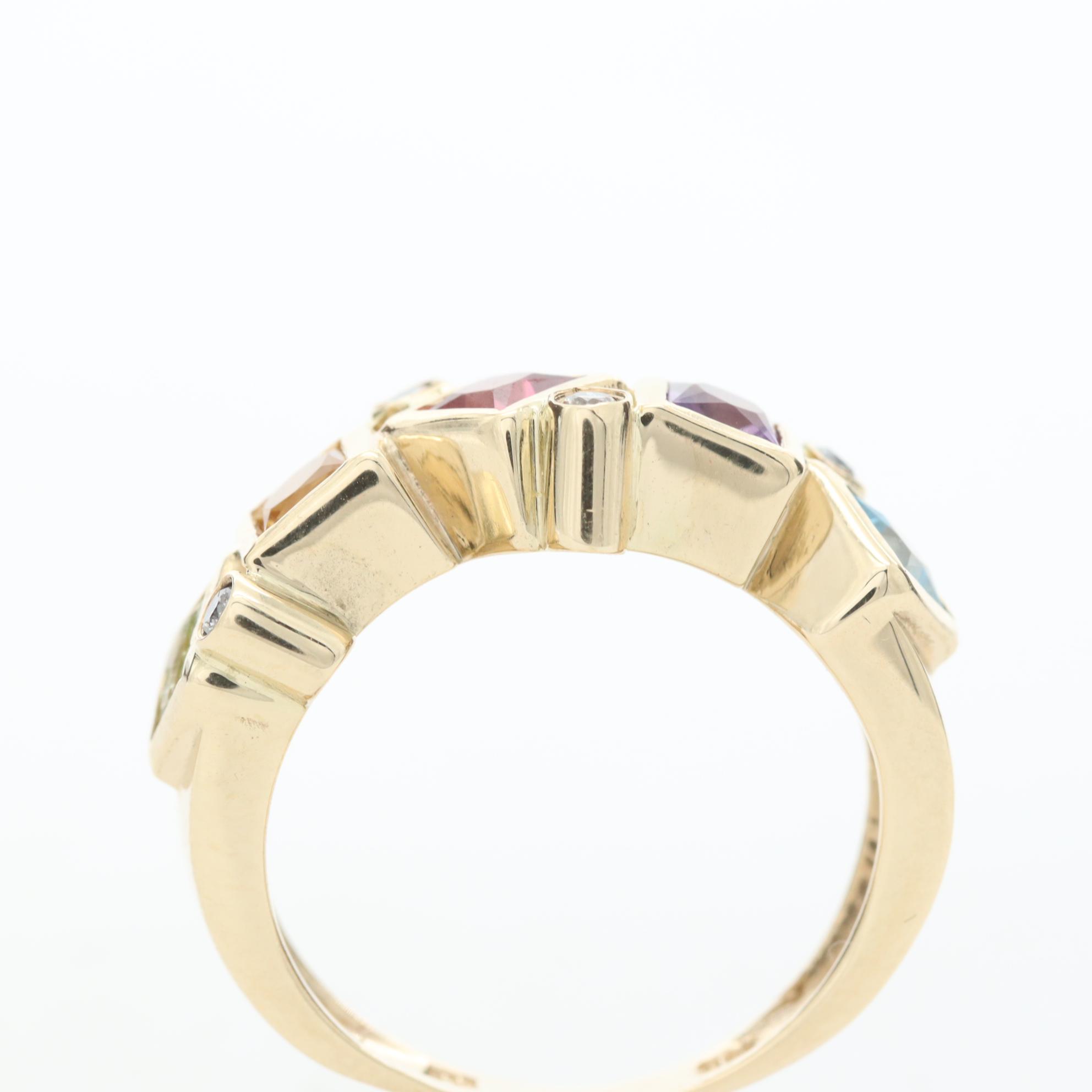 14K Gold Pink Tourmaline, Amethyst, Peridot, Citrine, Topaz and Diamond Ring