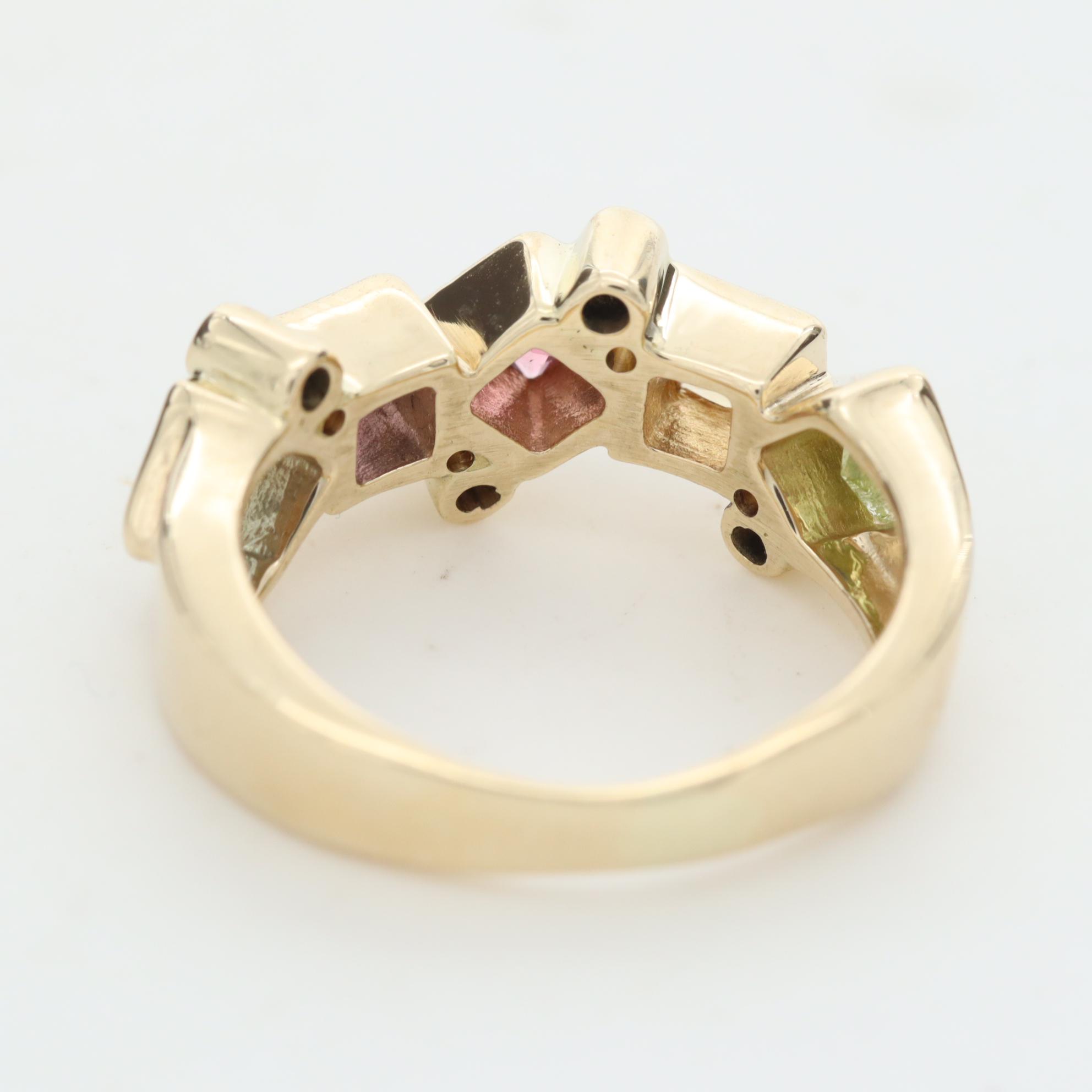14K Gold Pink Tourmaline, Amethyst, Peridot, Citrine, Topaz and Diamond Ring