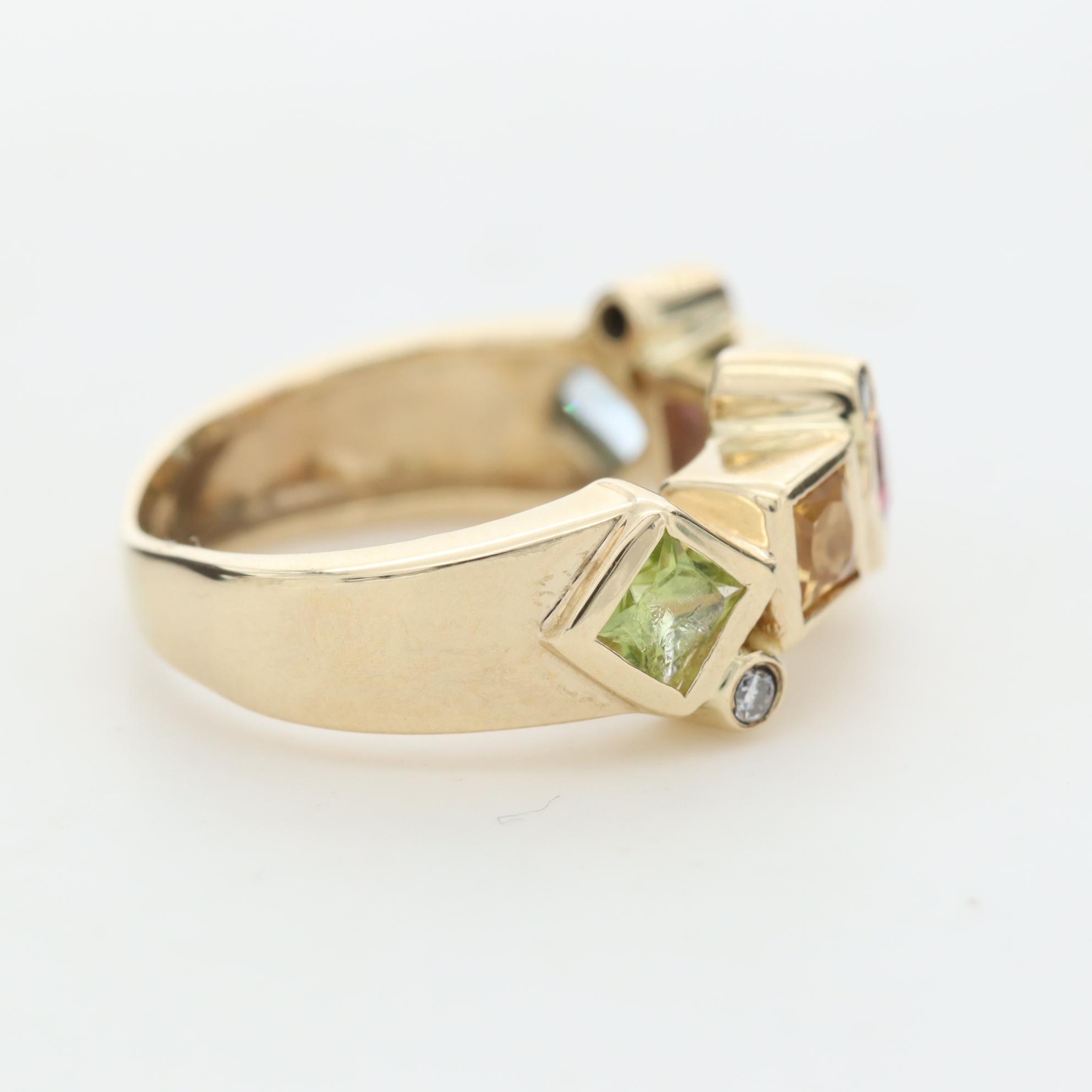 14K Gold Pink Tourmaline, Amethyst, Peridot, Citrine, Topaz and Diamond Ring