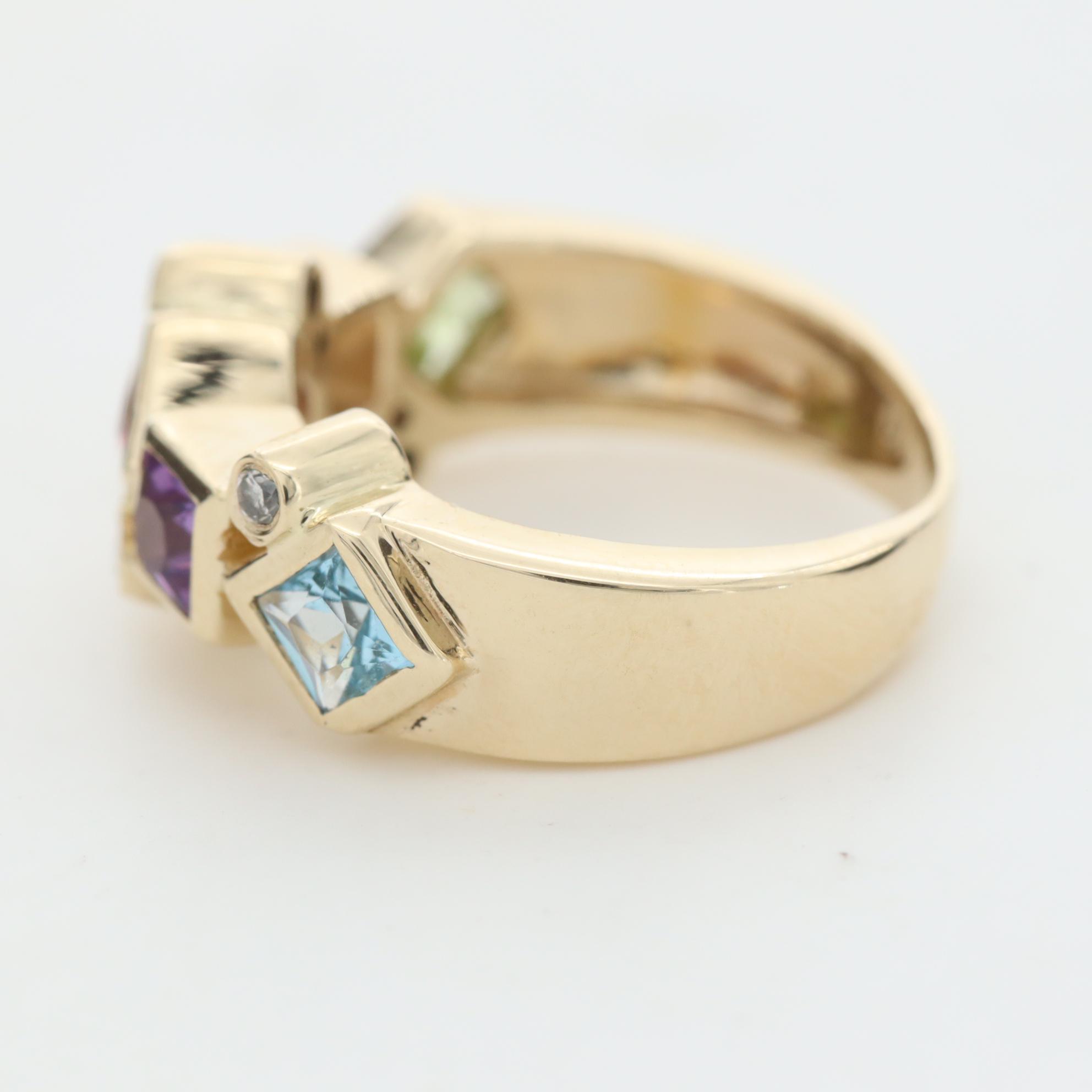 14K Gold Pink Tourmaline, Amethyst, Peridot, Citrine, Topaz and Diamond Ring