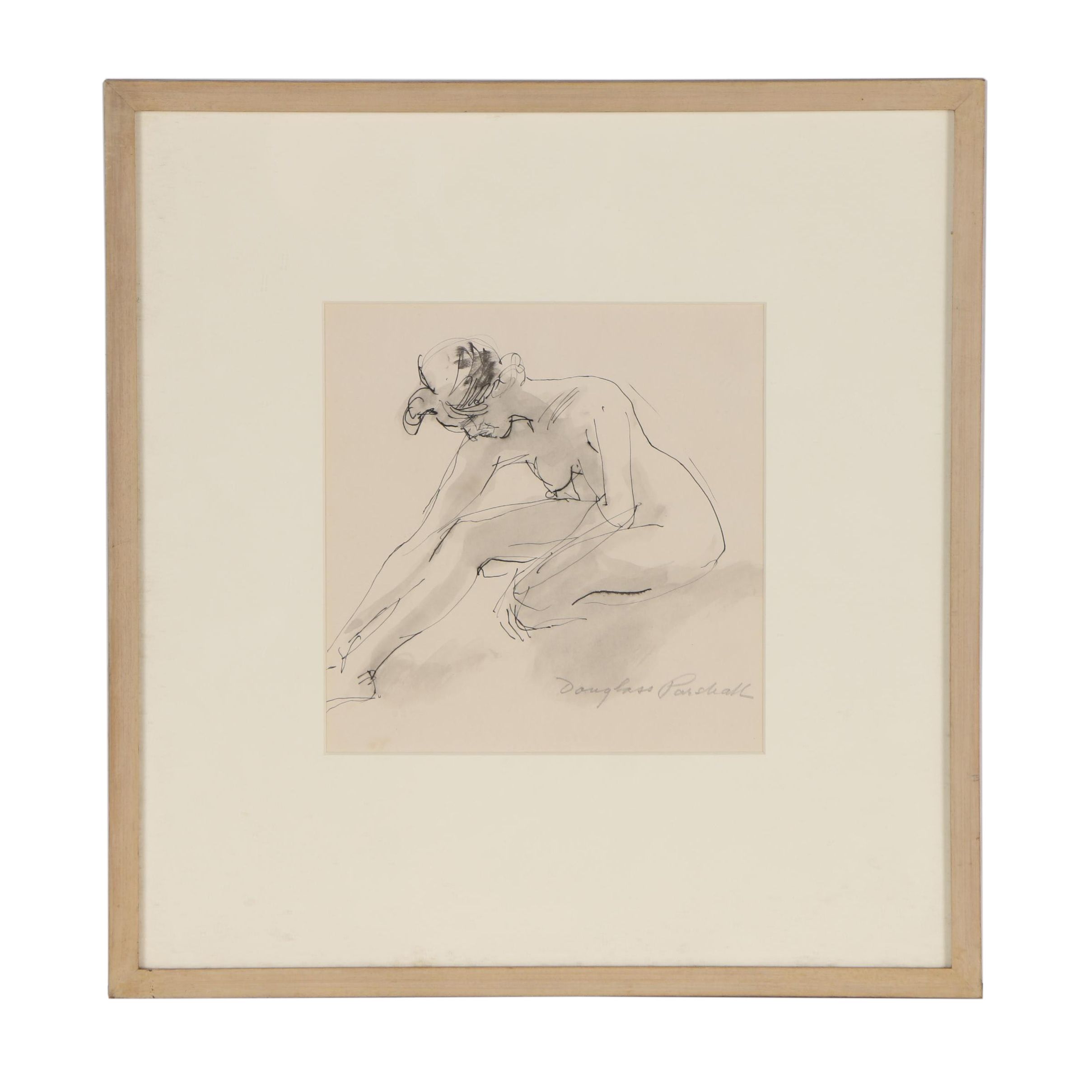 Douglass Parshall Ink Drawing "Nude Reaching Over #2"