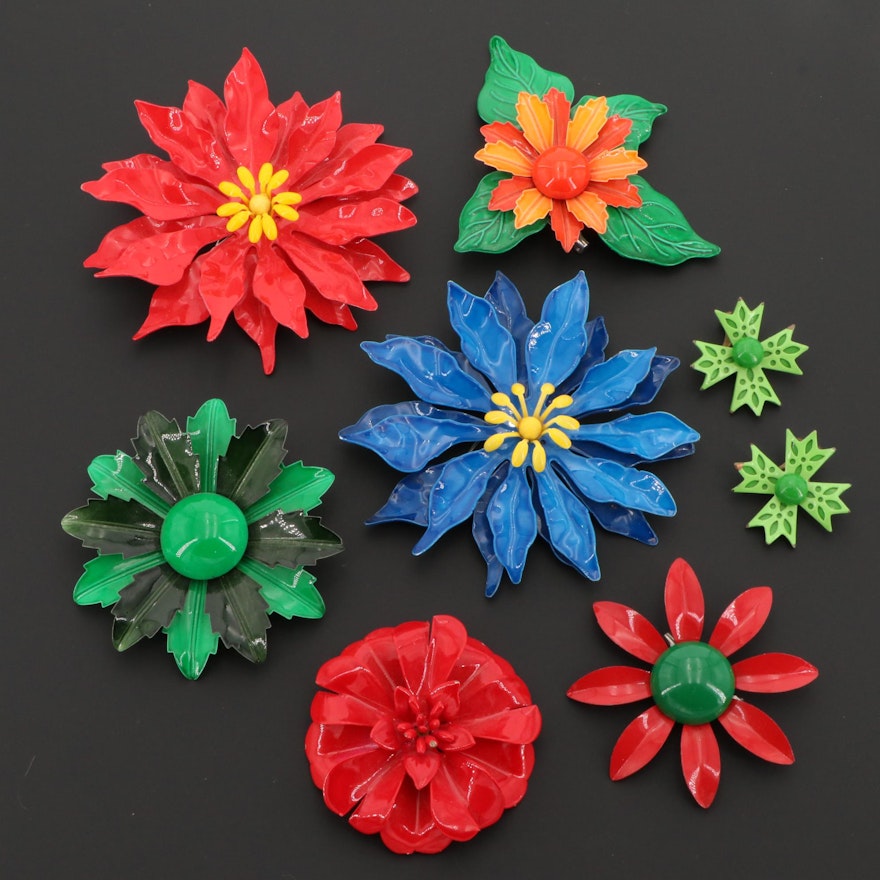 Large Assortment Of Enamel Floral Earrings and and Brooches