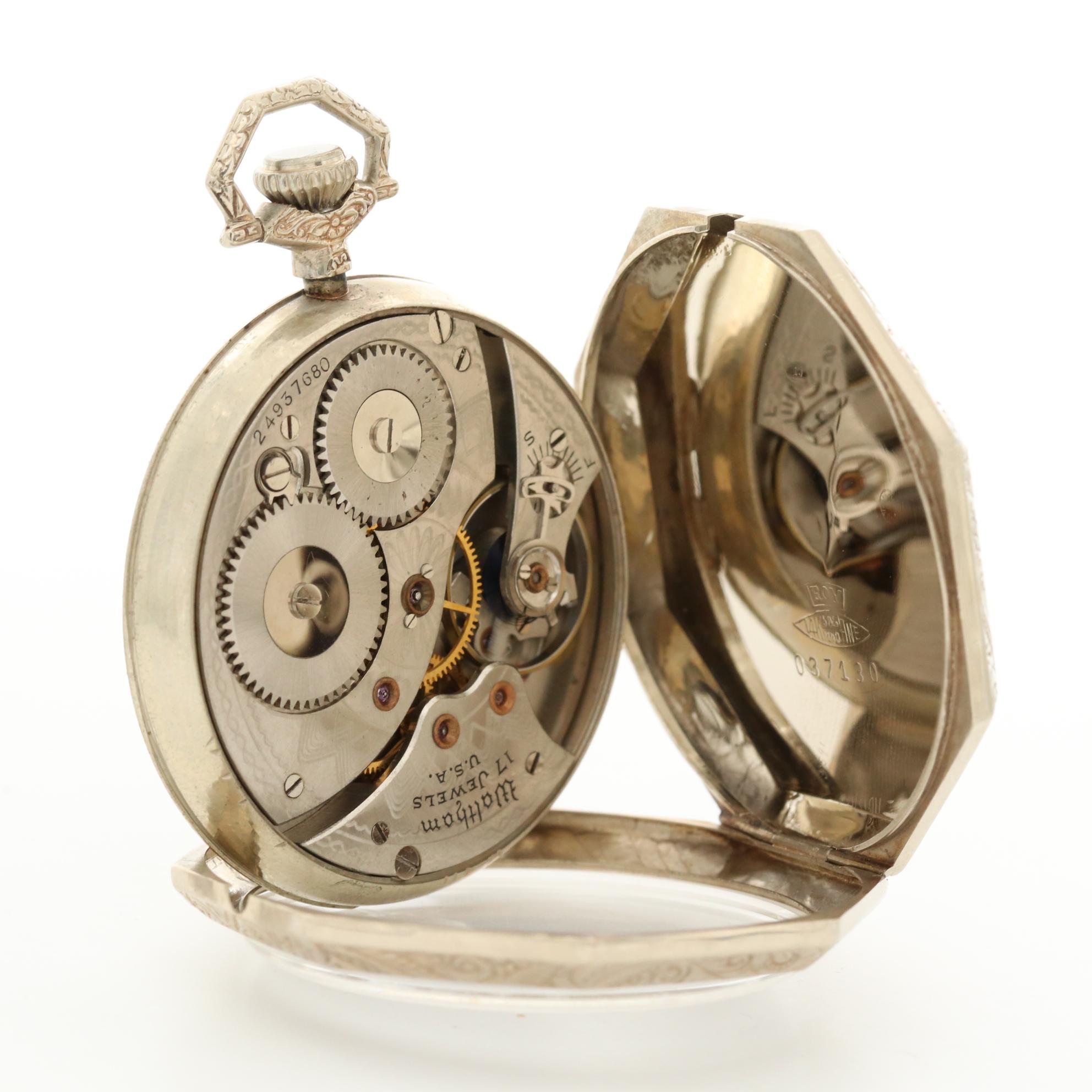 Vintage 14K White Gold Waltham Pocket Watch, Circa 1925