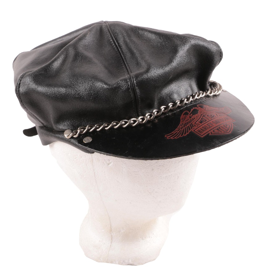 Harley-Davidson Black Leather Cap with Chain Accent, 1970s Vintage