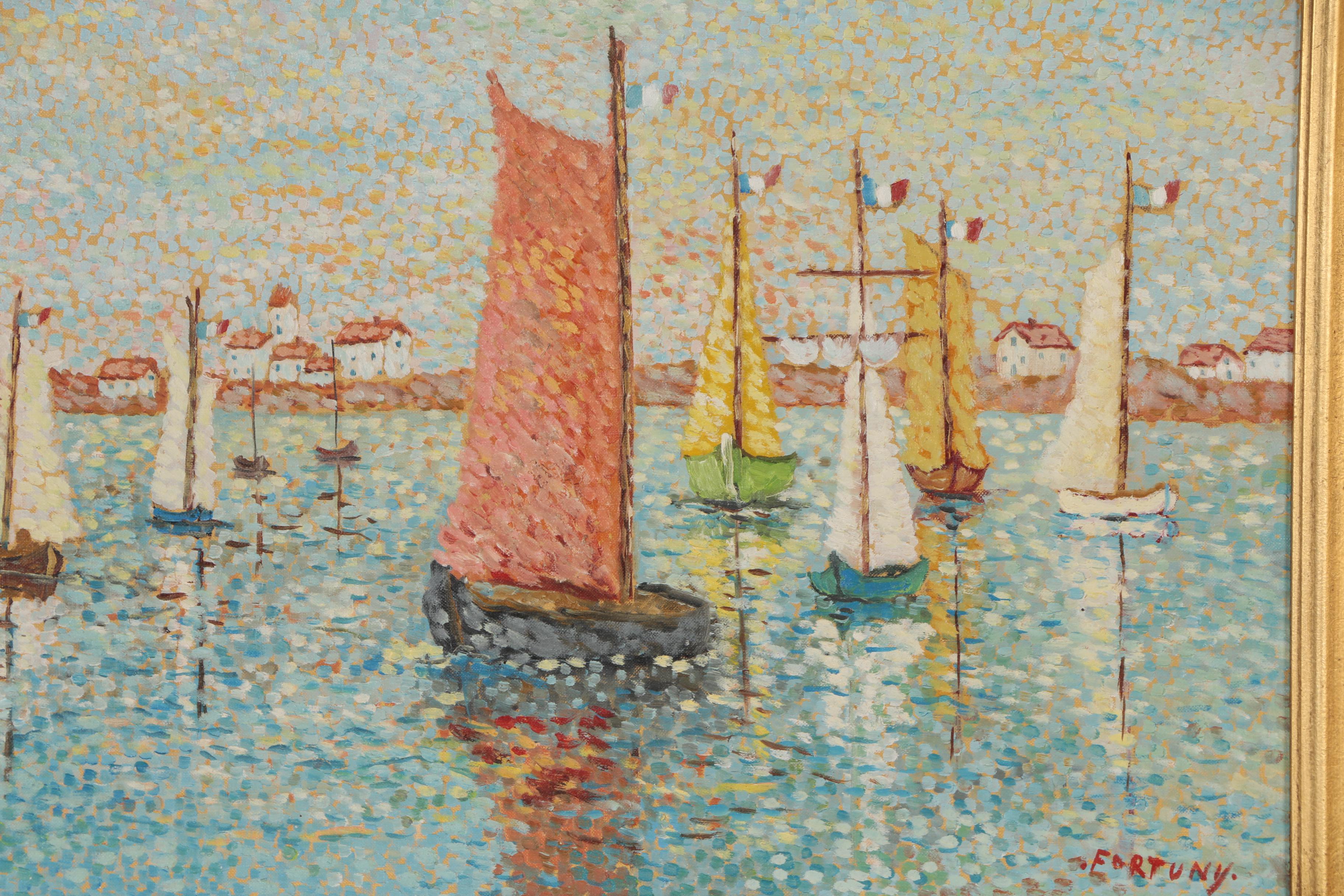 Lucia Fortuny Pointillist Oil Painting "Retour des Voiliers", 1973