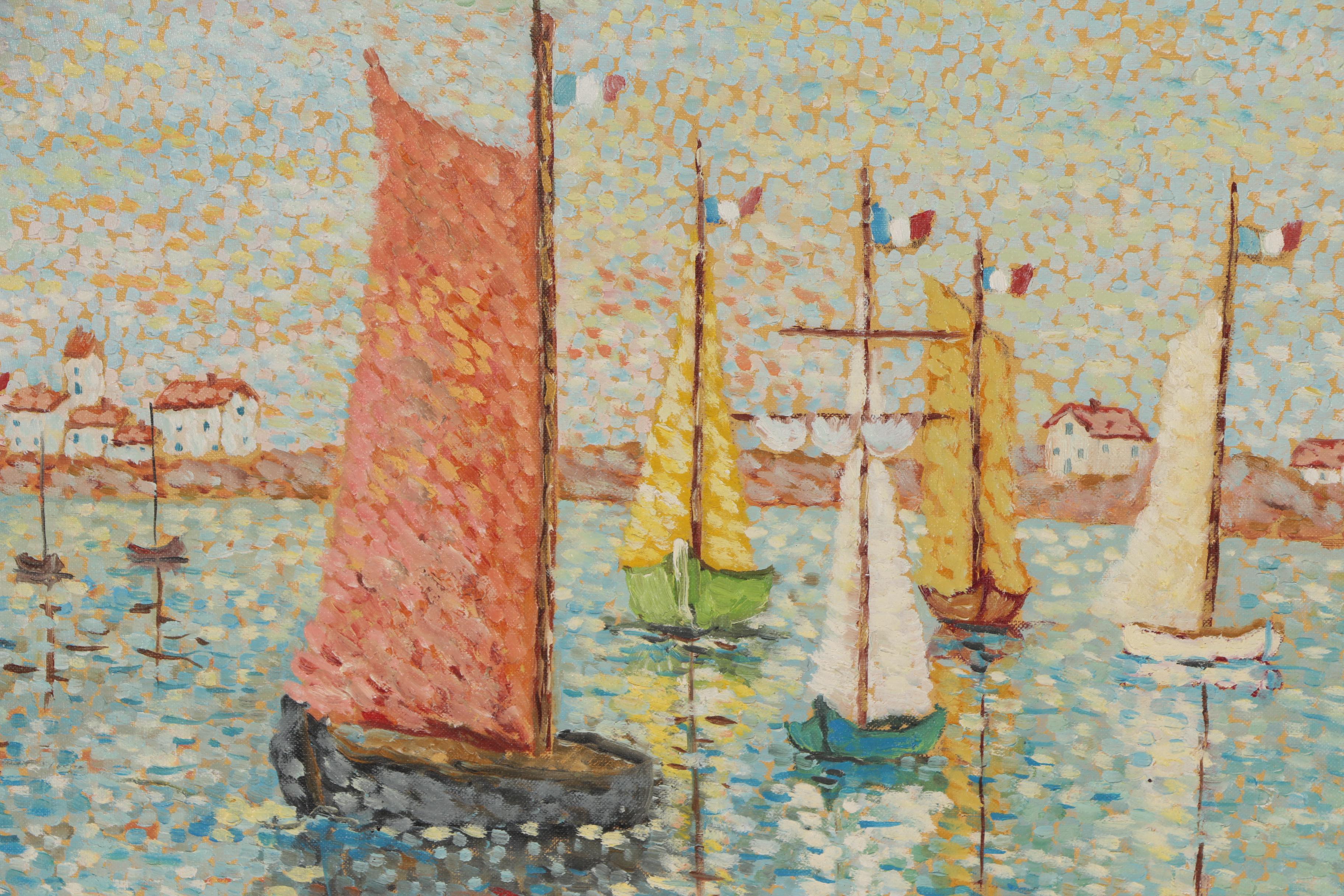 Lucia Fortuny Pointillist Oil Painting "Retour des Voiliers", 1973