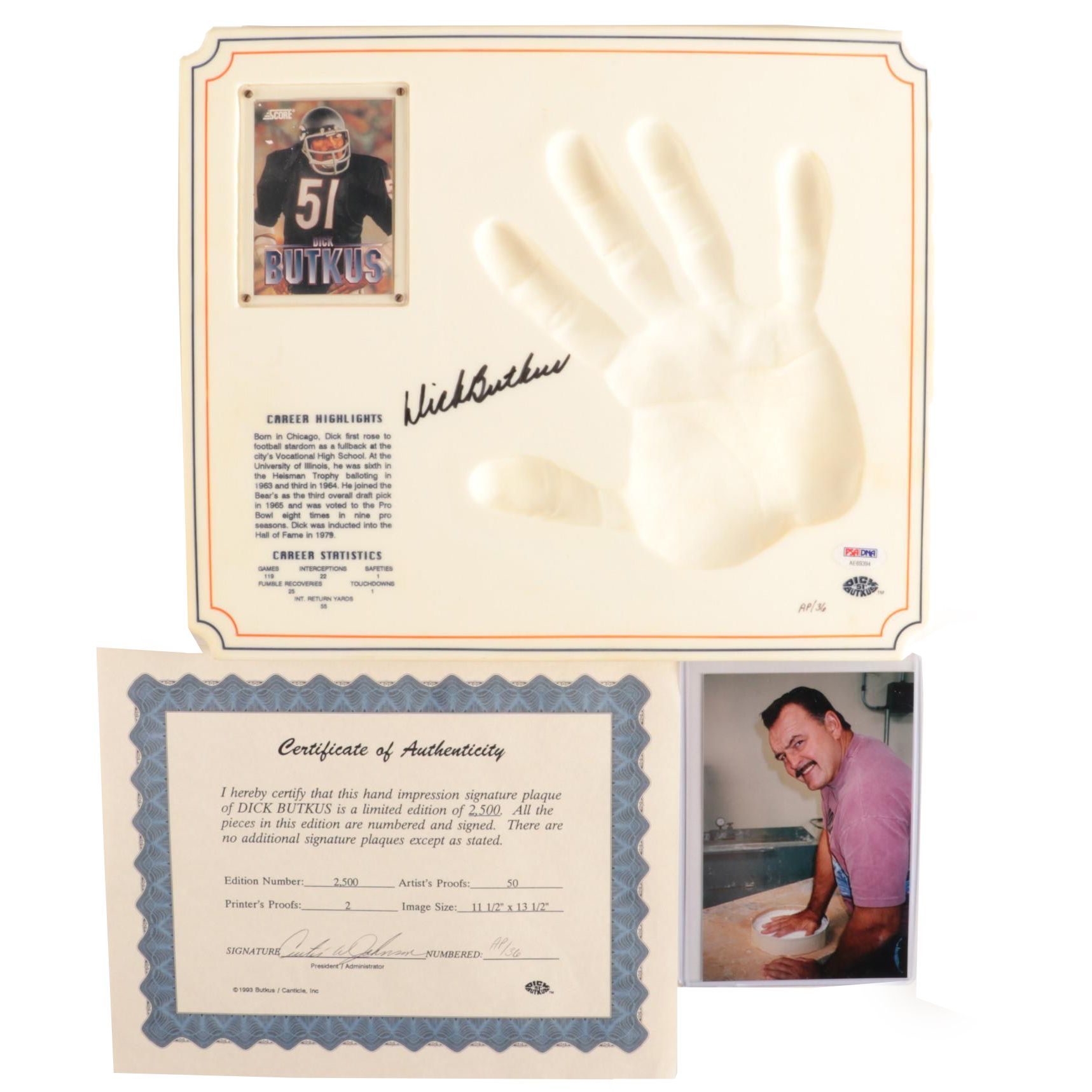 Dick Butkus(HOF) Signed Hand Impression Display, Artist Proof PSA/COA
