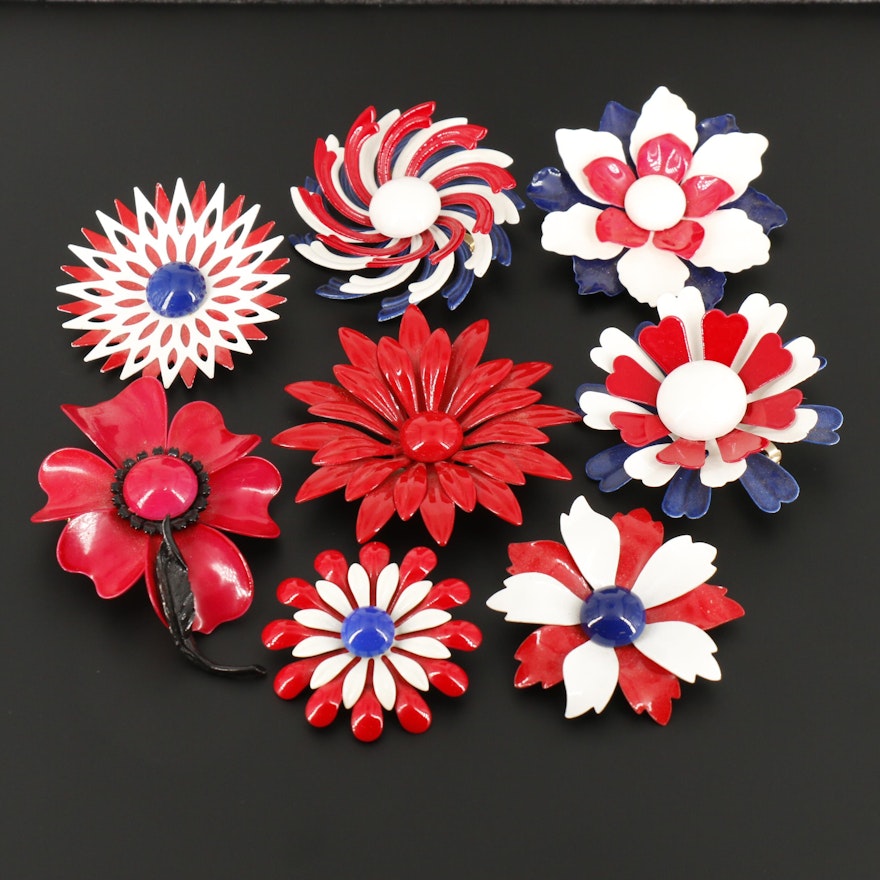 Red, White and Blue Enamel Floral Brooches