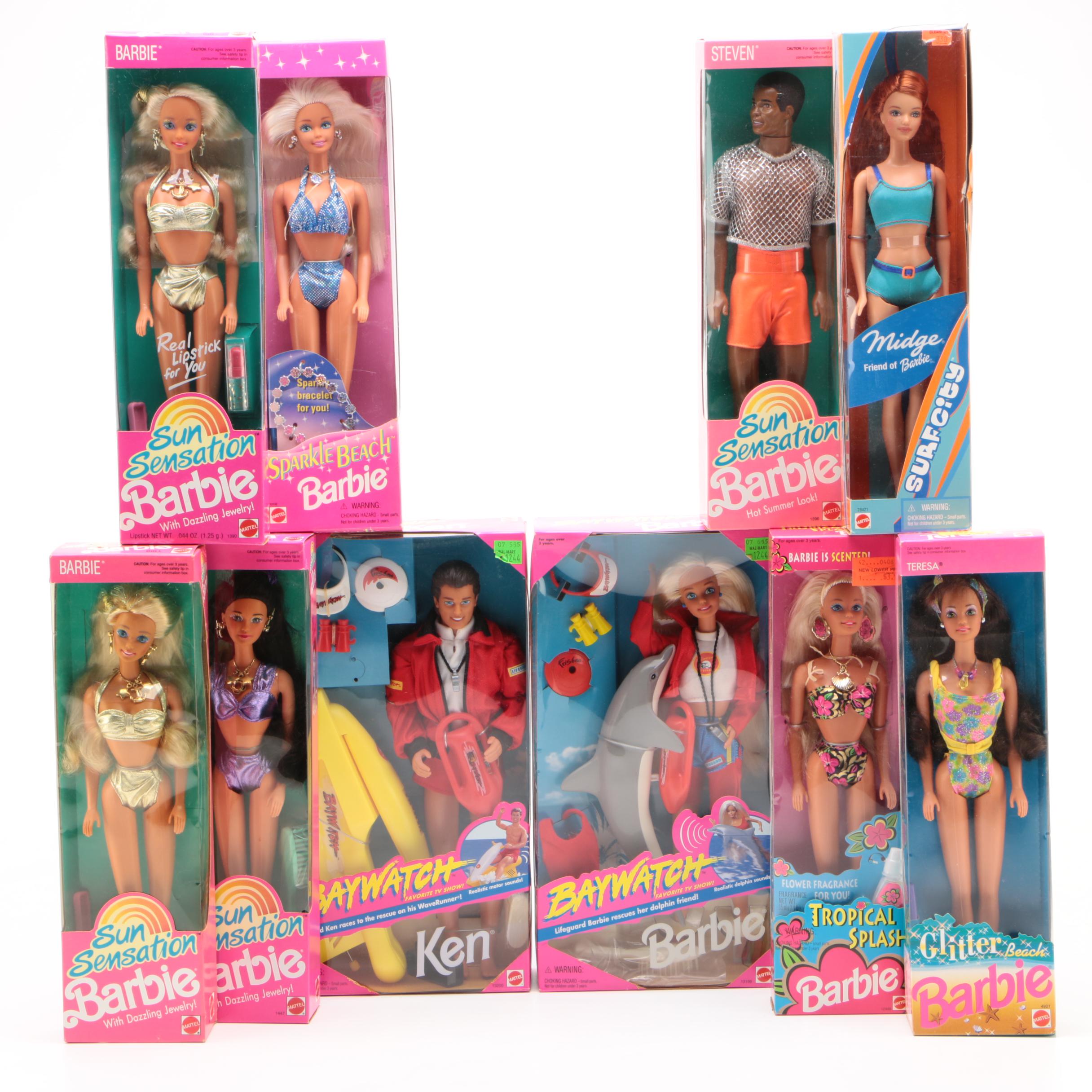Barbie and Ken "Baywatch" Dolls with Other Beach Themed Barbie Dolls and Friends