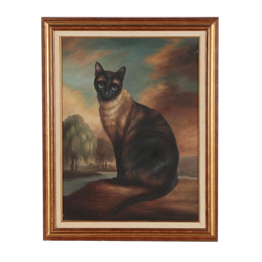 Elaine Vollherbst Oil Painting of Siamese Cat, 1991