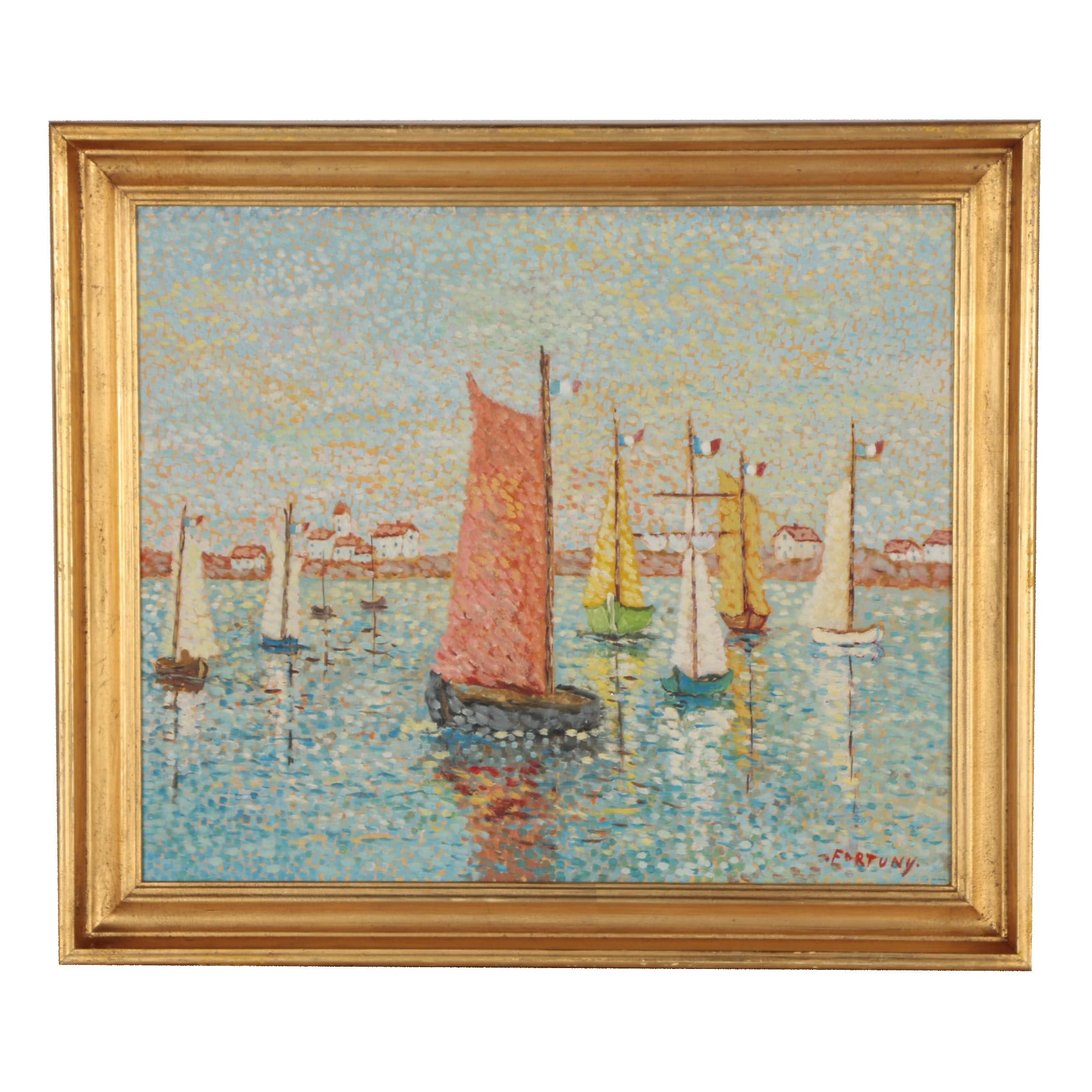 Lucia Fortuny Pointillist Oil Painting "Retour des Voiliers", 1973