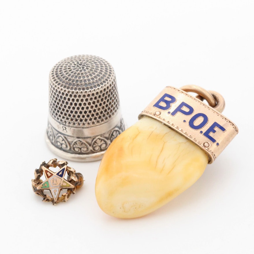 Vintage 10K Gold Elk Tooth and Enamel B.P.O.E. Pendant with Sterling Thimble