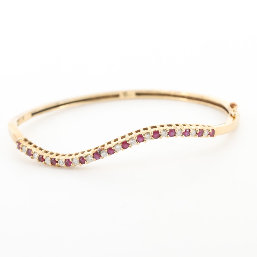 14K Yellow Ruby and Diamond Bangle Bracelet