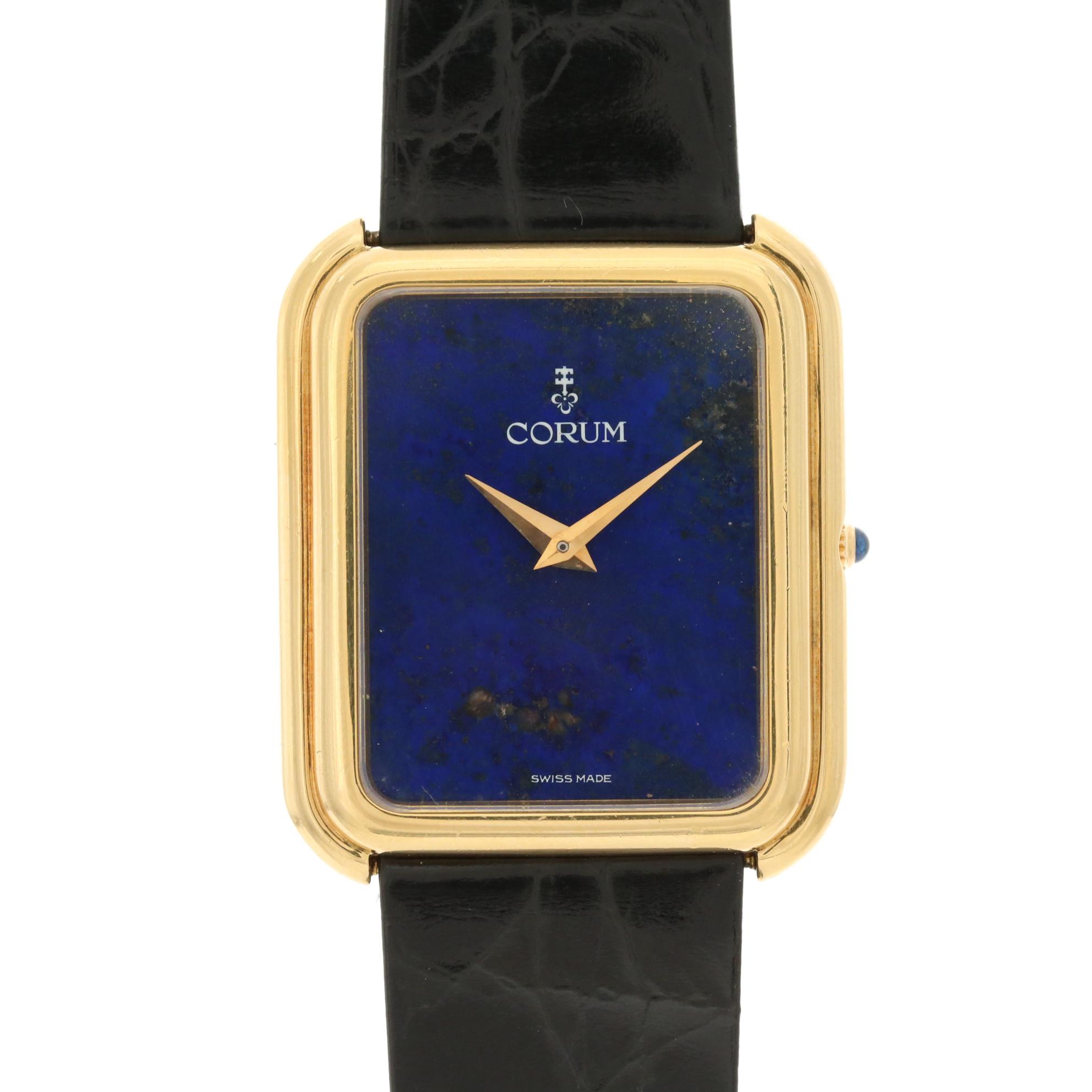 Vintage Corum 18K Gold Stem Wind Watch With Lapis Lazuli Dial and Diamond Buckle