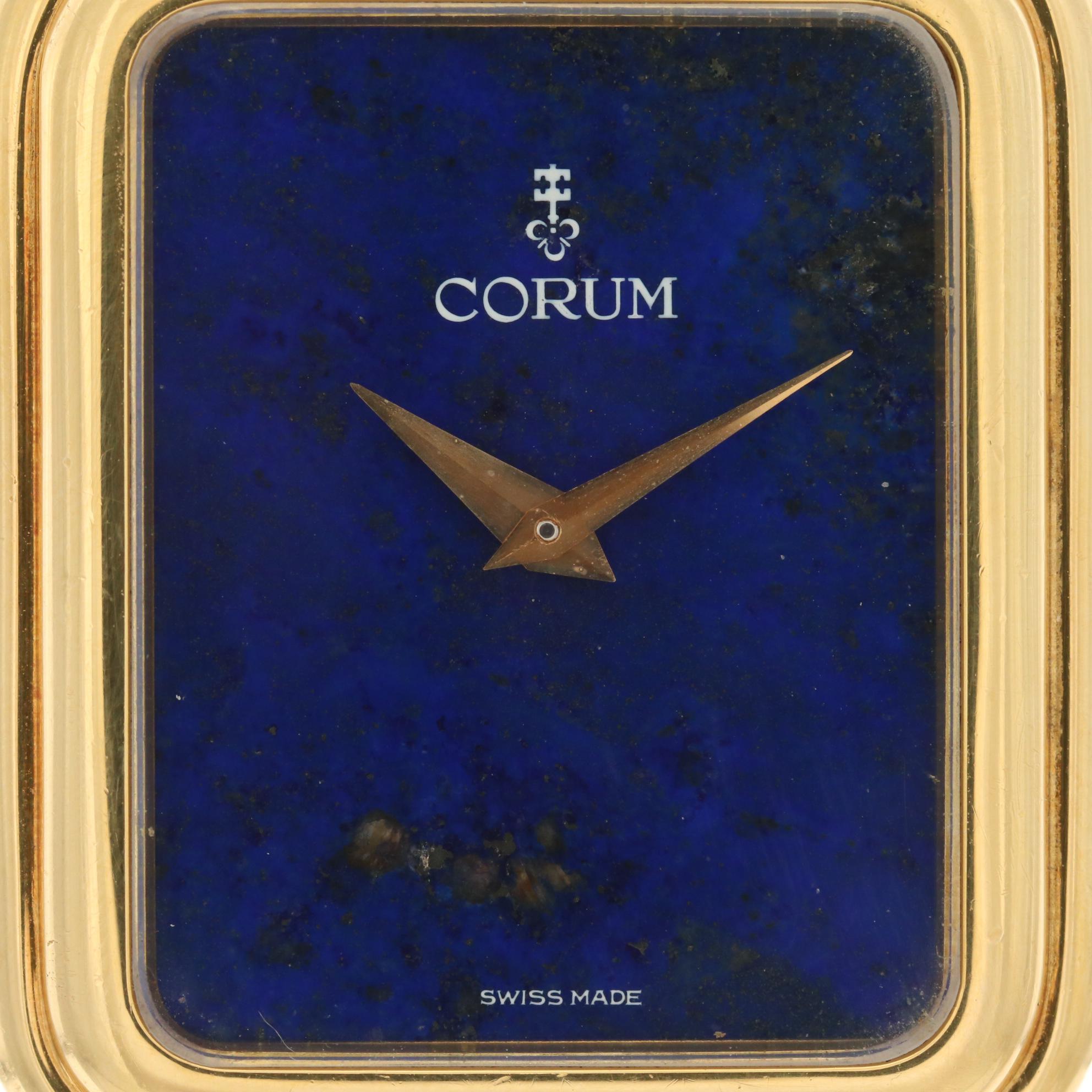 Vintage Corum 18K Gold Stem Wind Watch With Lapis Lazuli Dial and Diamond Buckle