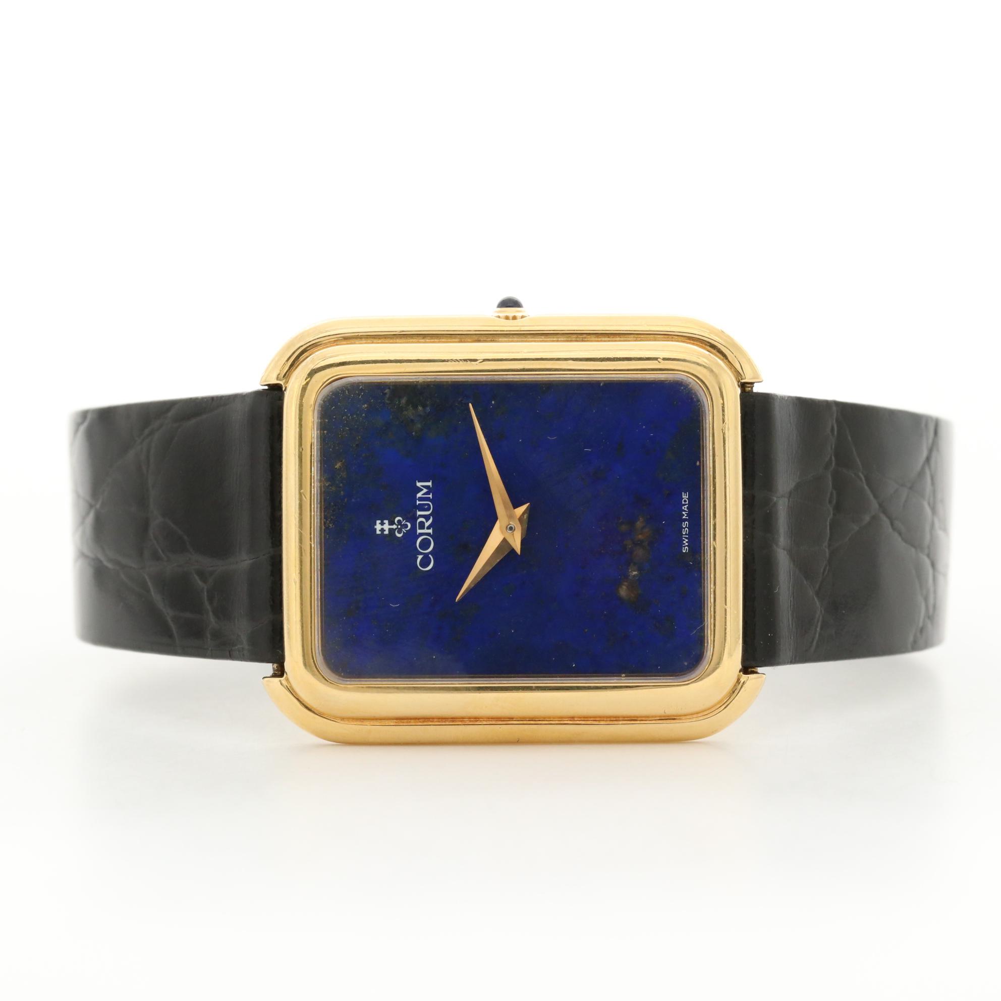 Vintage Corum 18K Gold Stem Wind Watch With Lapis Lazuli Dial and Diamond Buckle