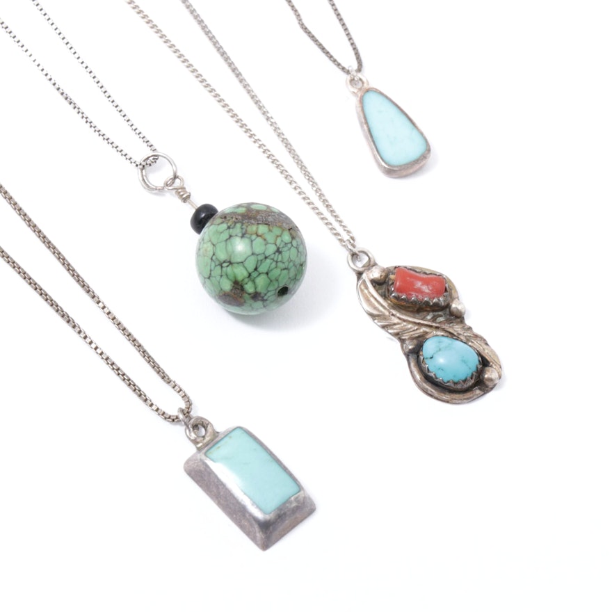 Sterling Turquoise and Coral Pendant Necklaces Including Southwestern Style