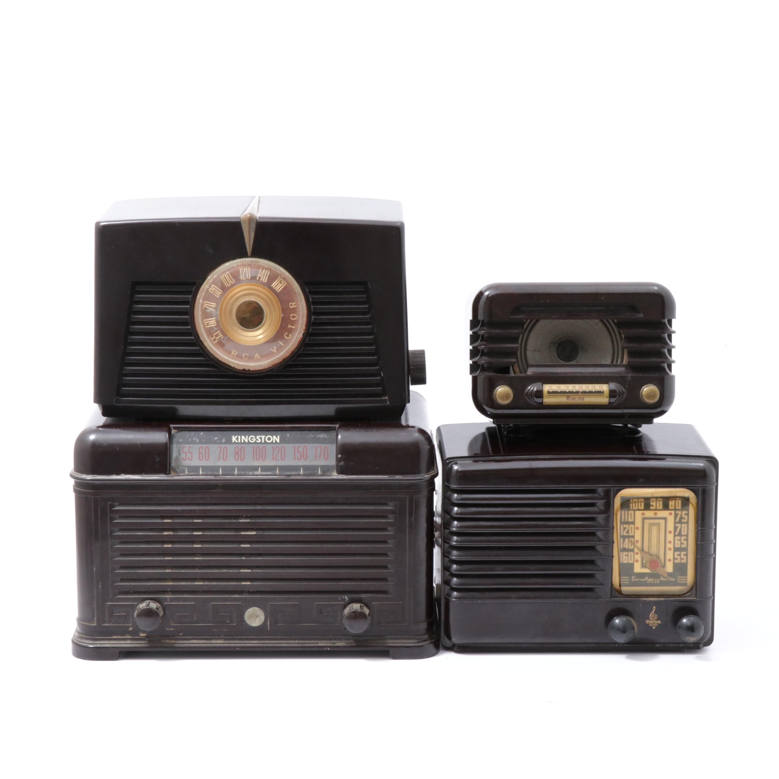 Emerson, RCA Victor, Airline and Kingston Bakelite Tube Radios, Mid-Century