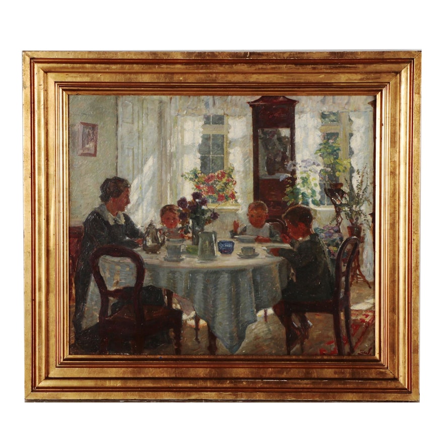 Sigurd Wandel Oil Painting "Frokostbordet", Circa 1930