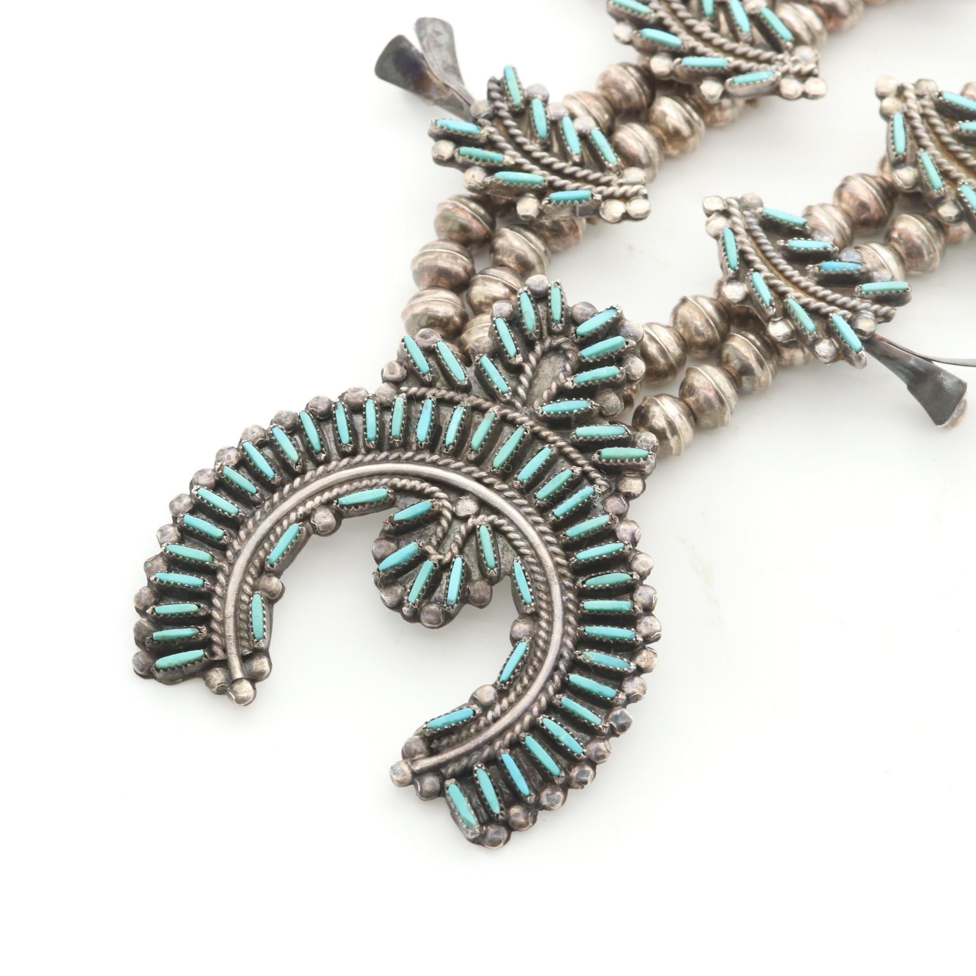 Terry Loncasion Zuni Needlepoint Sterling Turquoise Squash Blossom Necklace