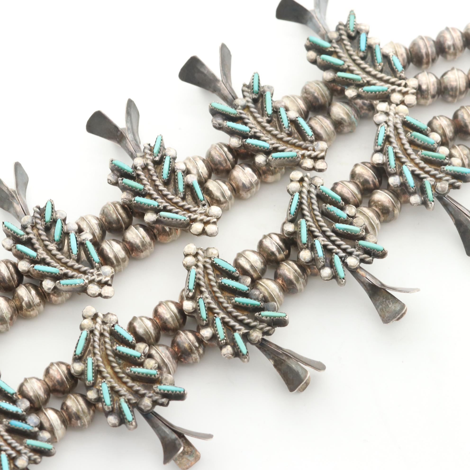 Terry Loncasion Zuni Needlepoint Sterling Turquoise Squash Blossom Necklace