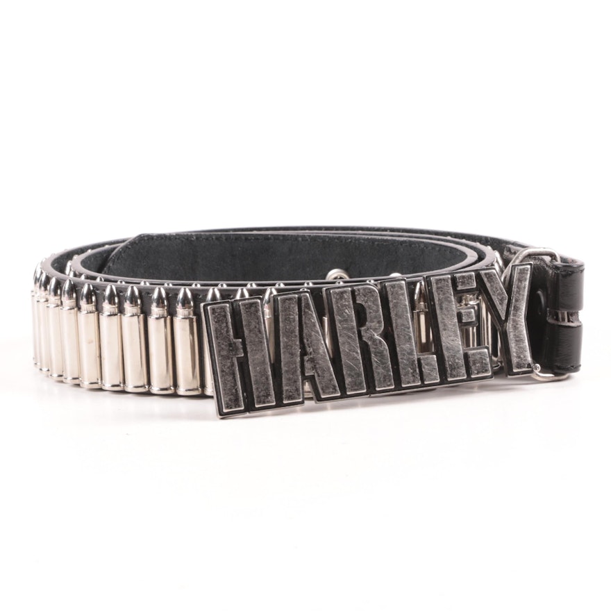 Harley-Davidson Logo Belt Buckle on Black Leather Belt with Faux Ammo