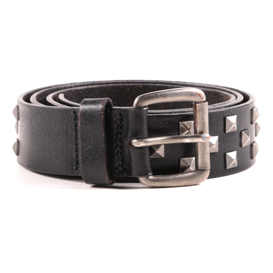 Black Split Leather Belt with Silver Tone Pyramid Stud Accents