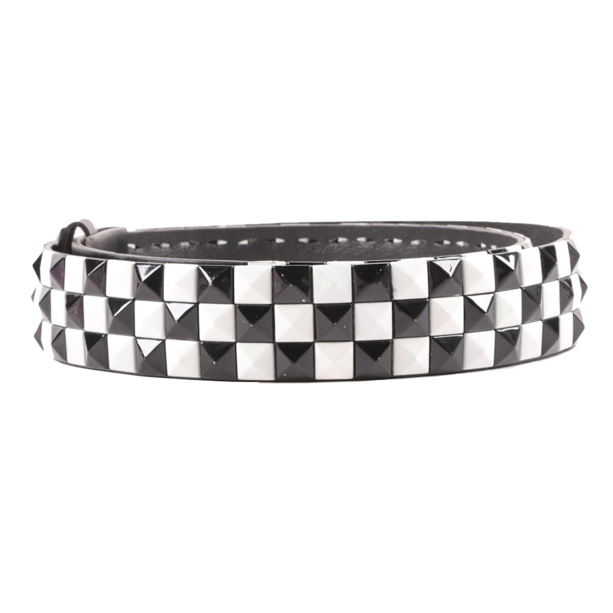Black and White Checkered Pyramid Stud Black Leather Belt