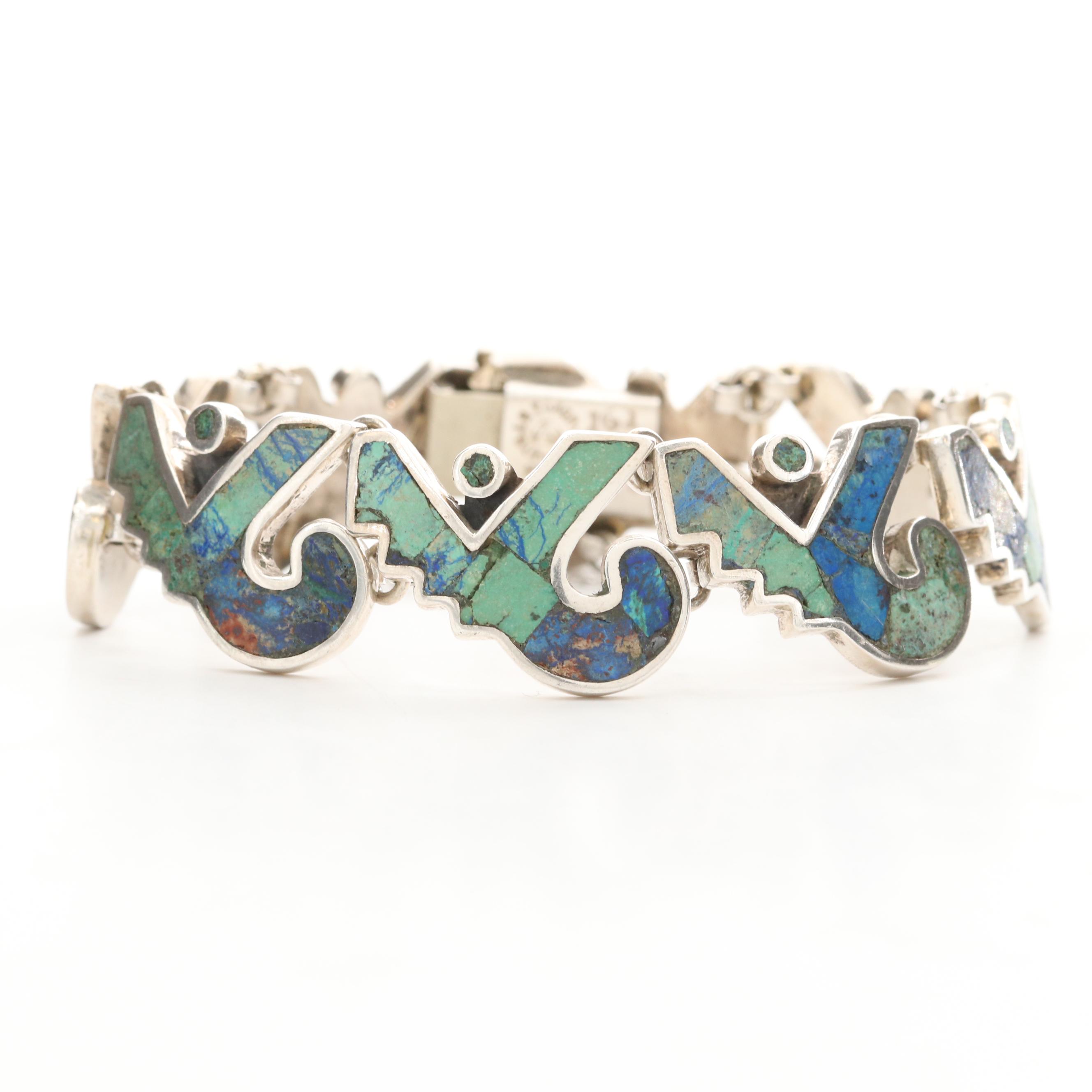 Los Castillo Sterling Mosaic Turquoise and Azuremalachite Inlay Link Bracelet