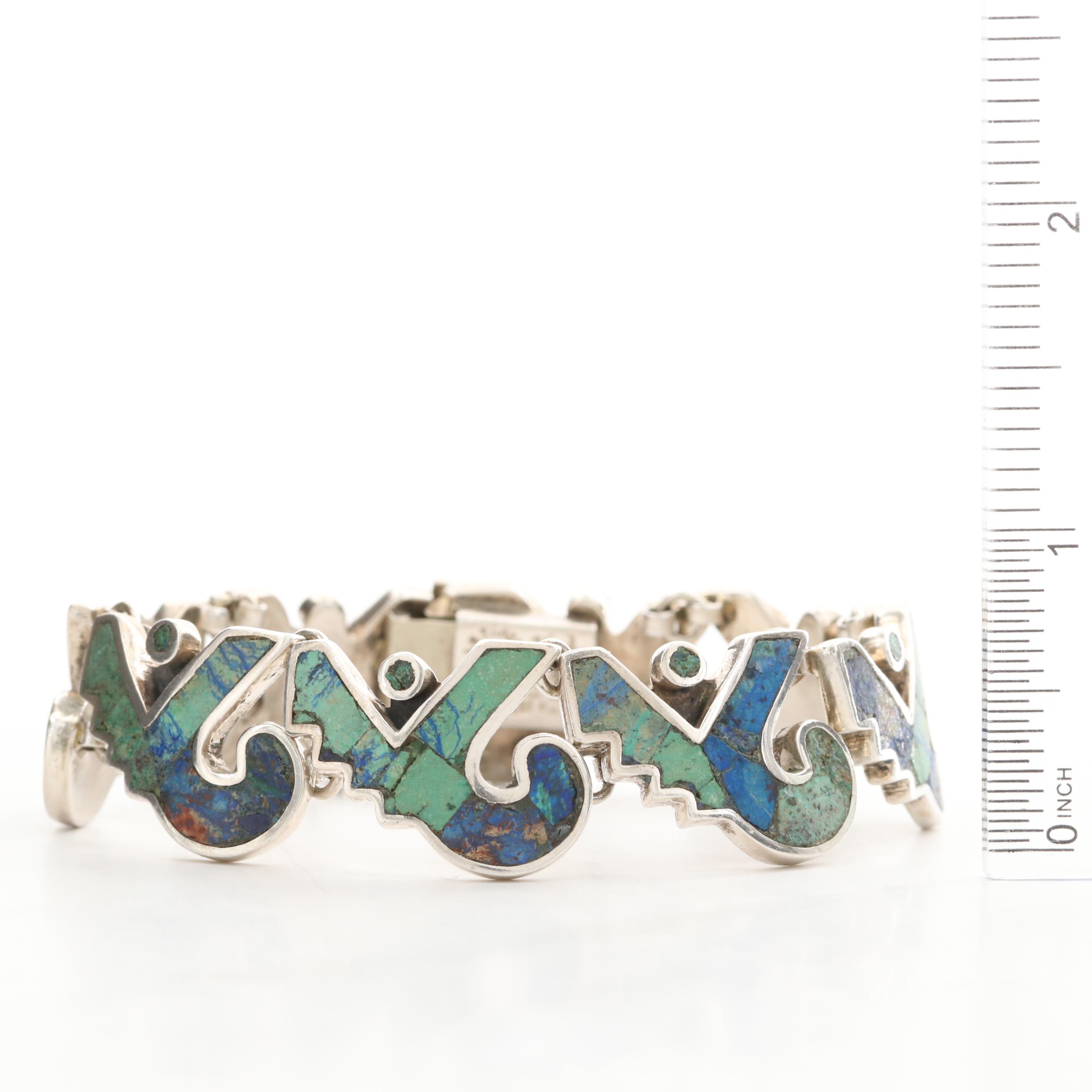 Los Castillo Sterling Mosaic Turquoise and Azuremalachite Inlay Link Bracelet