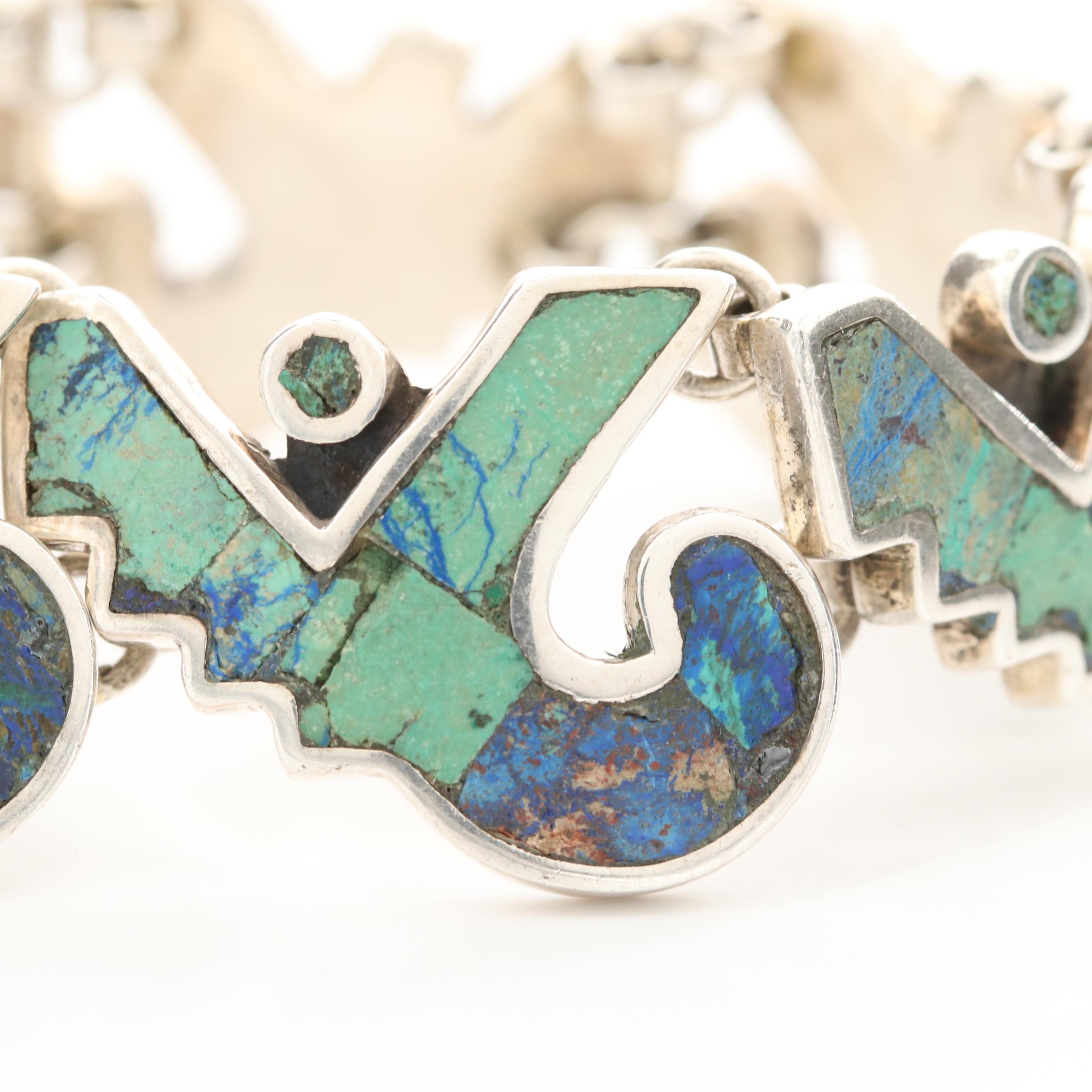 Los Castillo Sterling Mosaic Turquoise and Azuremalachite Inlay Link Bracelet