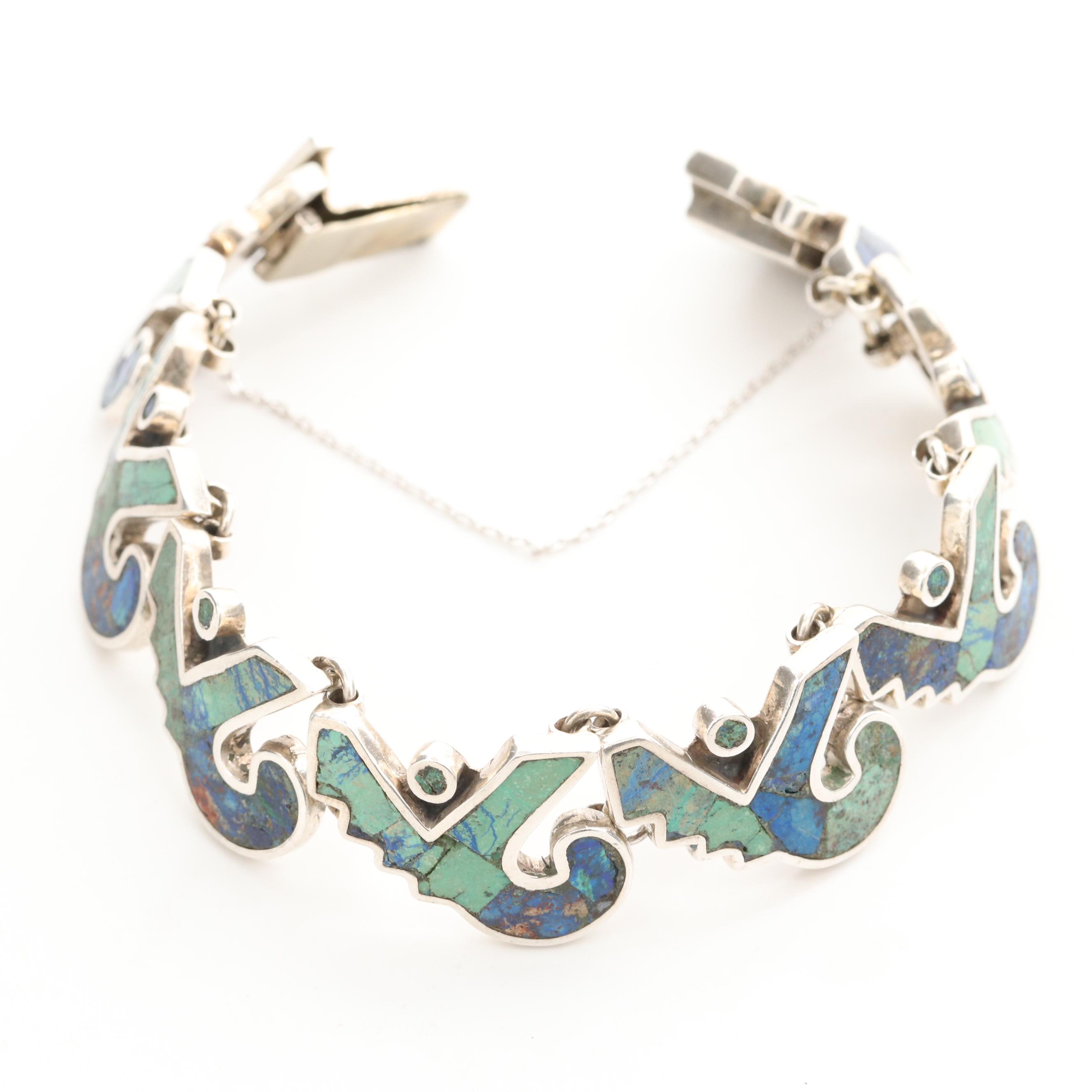 Los Castillo Sterling Mosaic Turquoise and Azuremalachite Inlay Link Bracelet