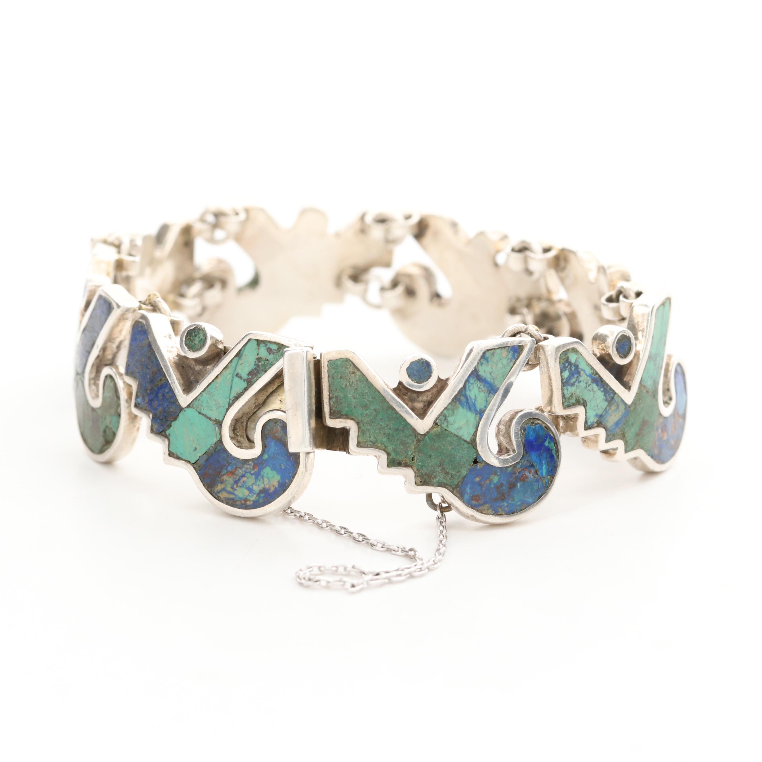 Los Castillo Sterling Mosaic Turquoise and Azuremalachite Inlay Link Bracelet