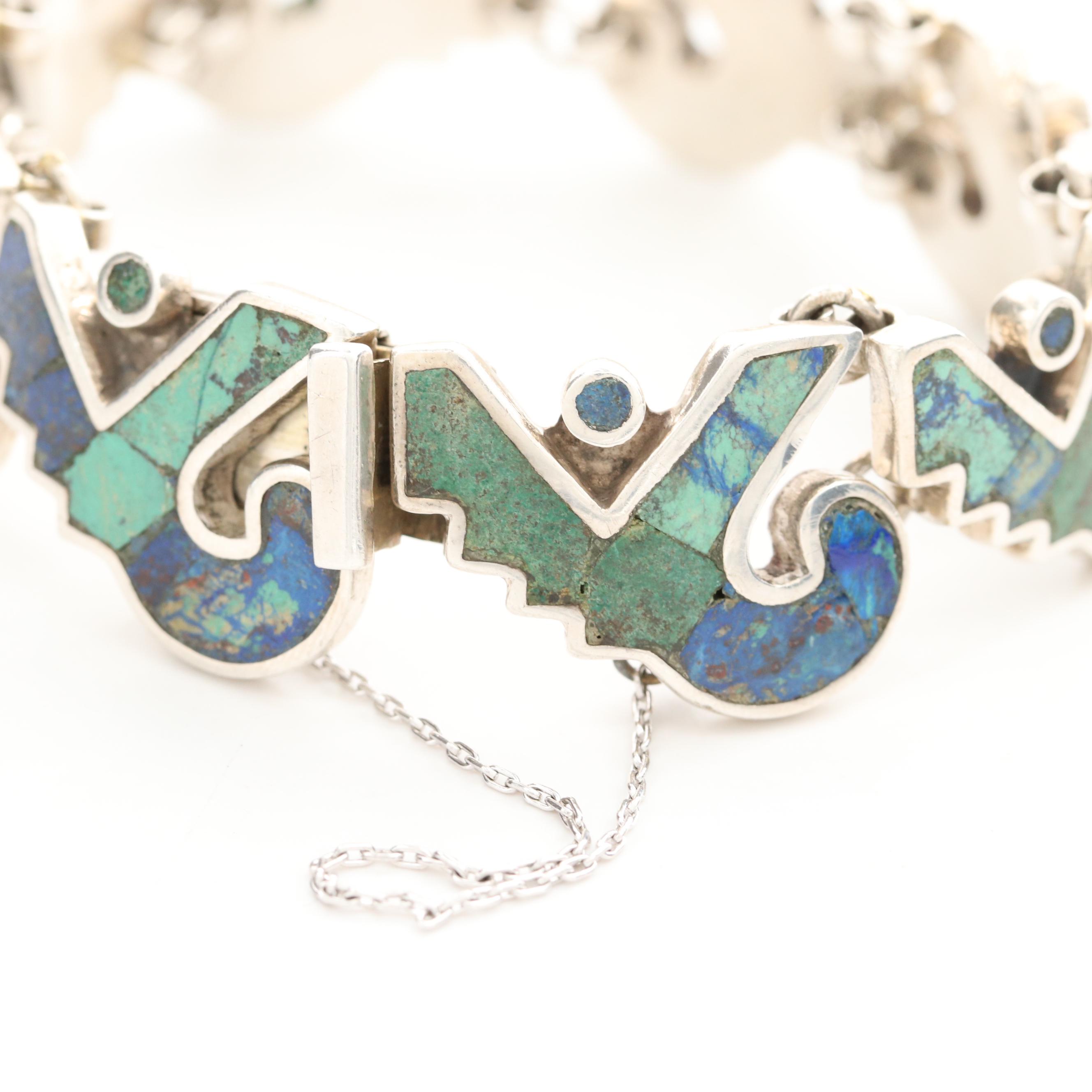 Los Castillo Sterling Mosaic Turquoise and Azuremalachite Inlay Link Bracelet
