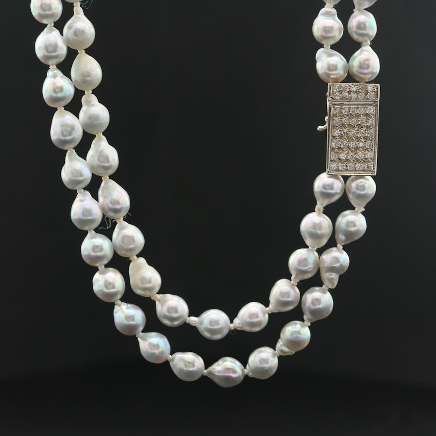 14K White Gold Cultured Pearl and Diamond Necklace