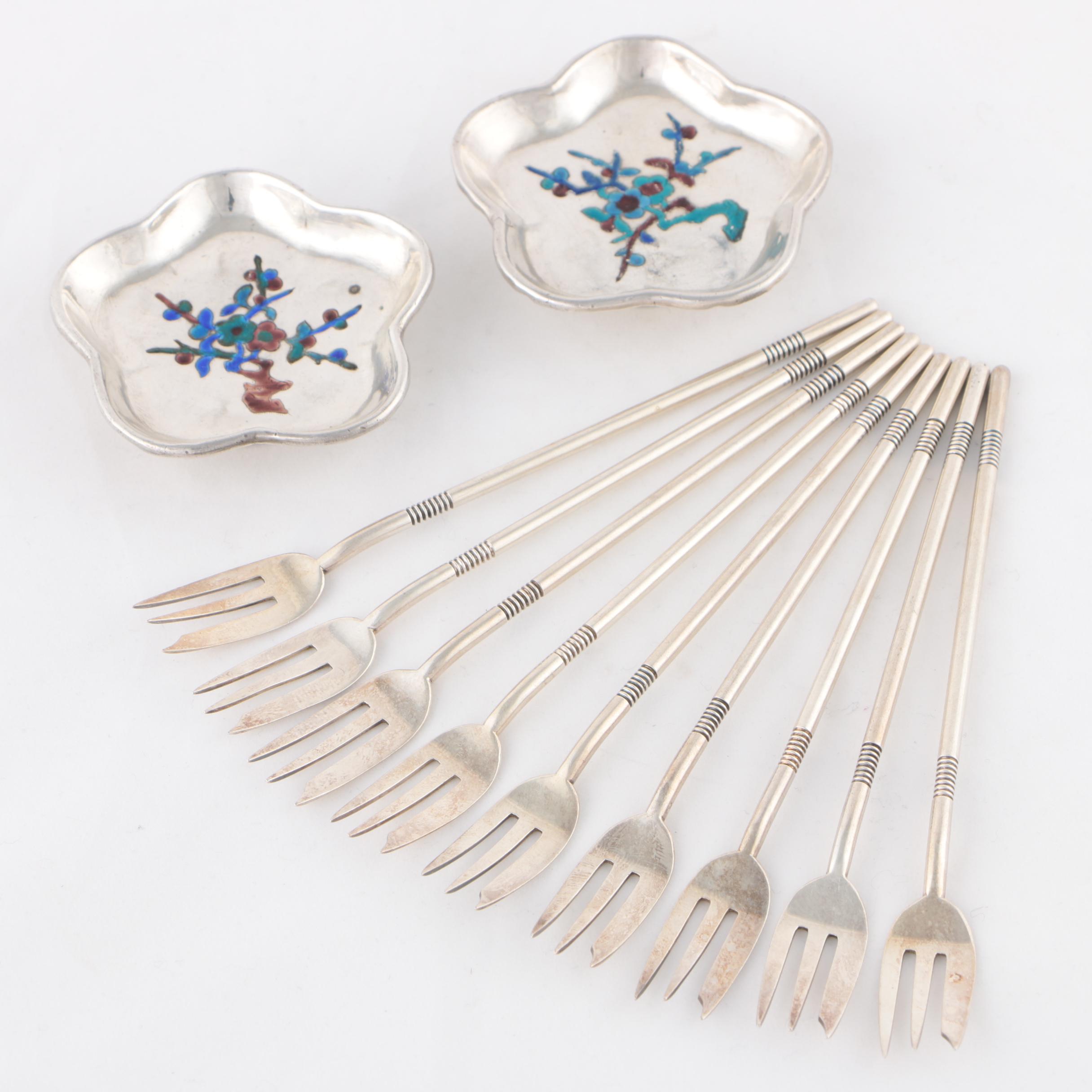 Gorham "Harvard" Silver Plate Crab Forks with Japanese Silver Plate Sauce Dishes
